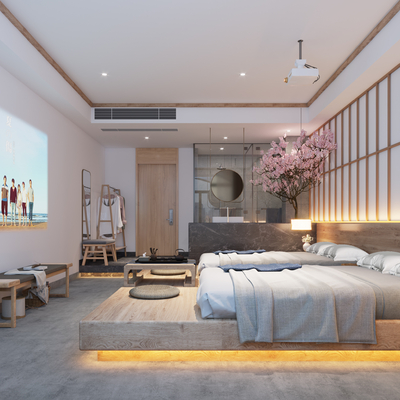  日式酒店双床房 客房su模型 