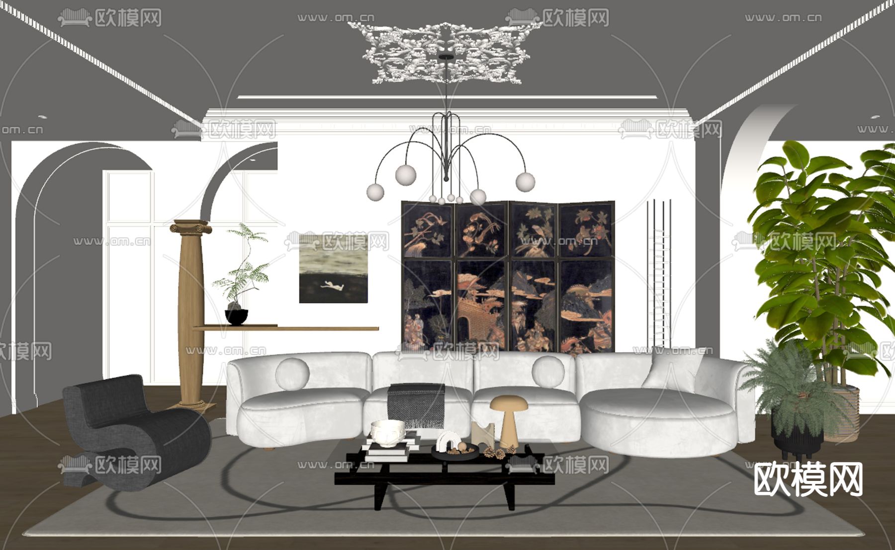 中古风客厅su模型下载（渲染图2）