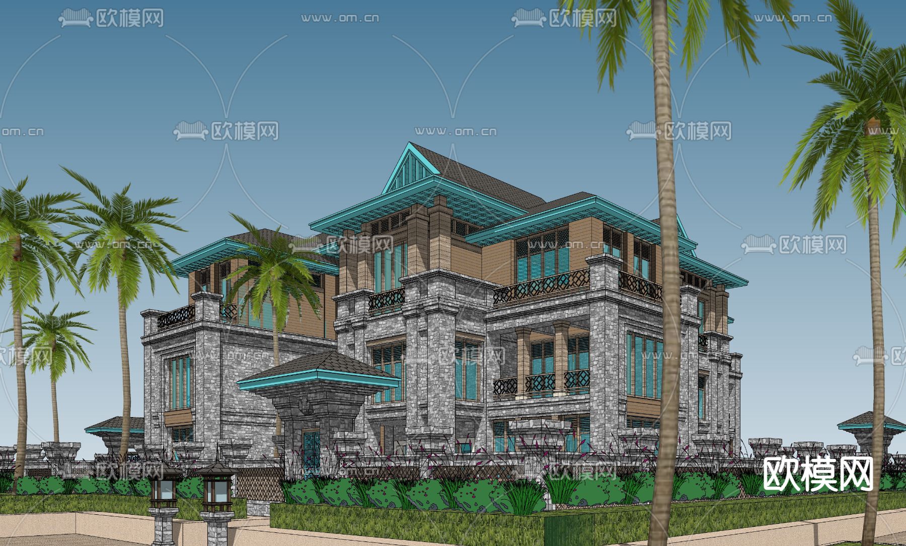 东南亚独栋别墅外观su模型下载（渲染图2）