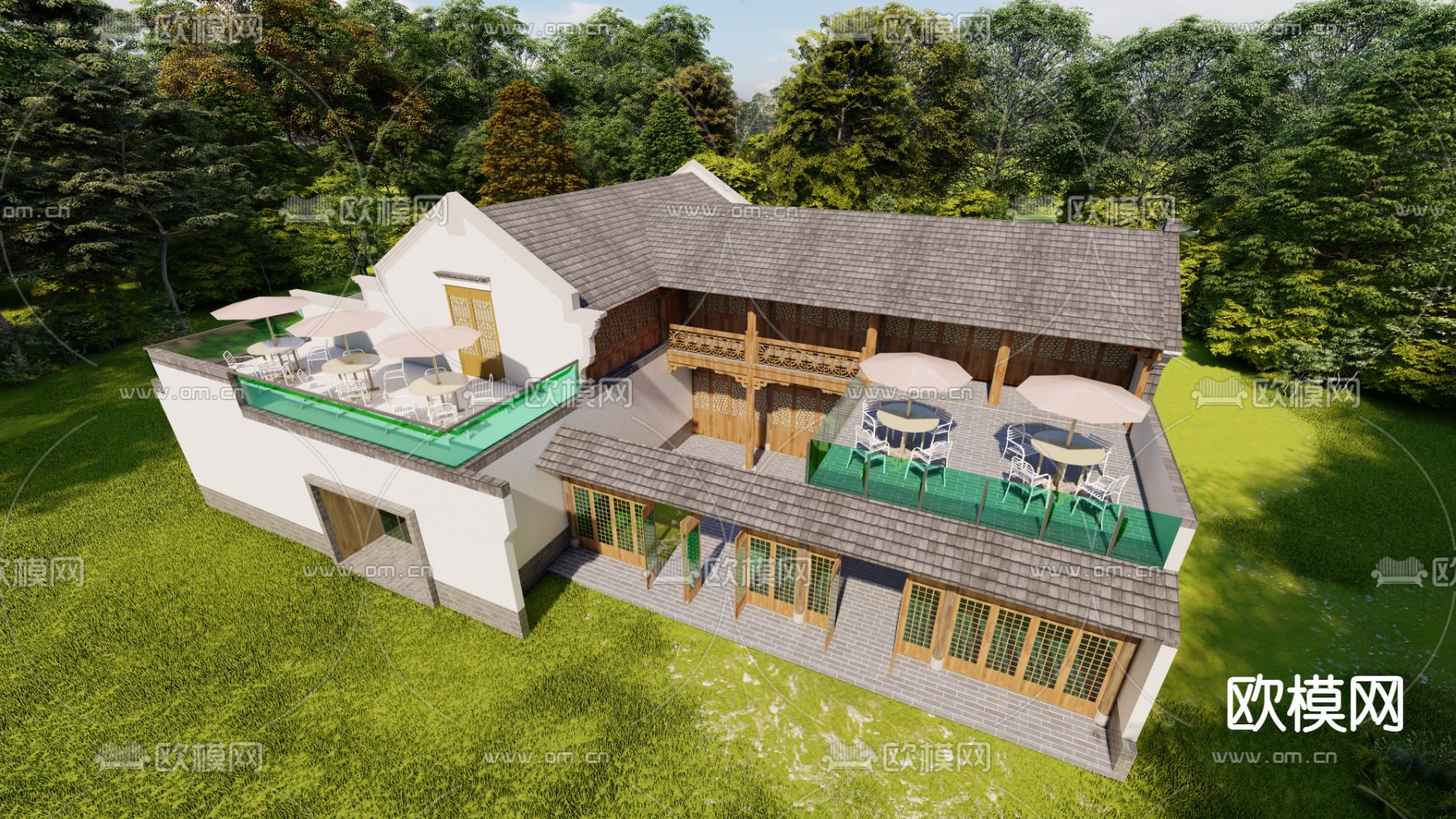 中式民宿建筑外观su模型下载（渲染图1）