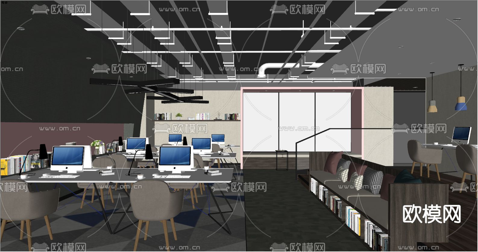 敞开式办公区 办公室su模型下载（渲染图2）