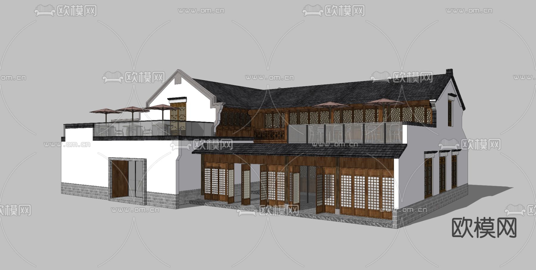 中式民宿建筑外观su模型下载（渲染图2）