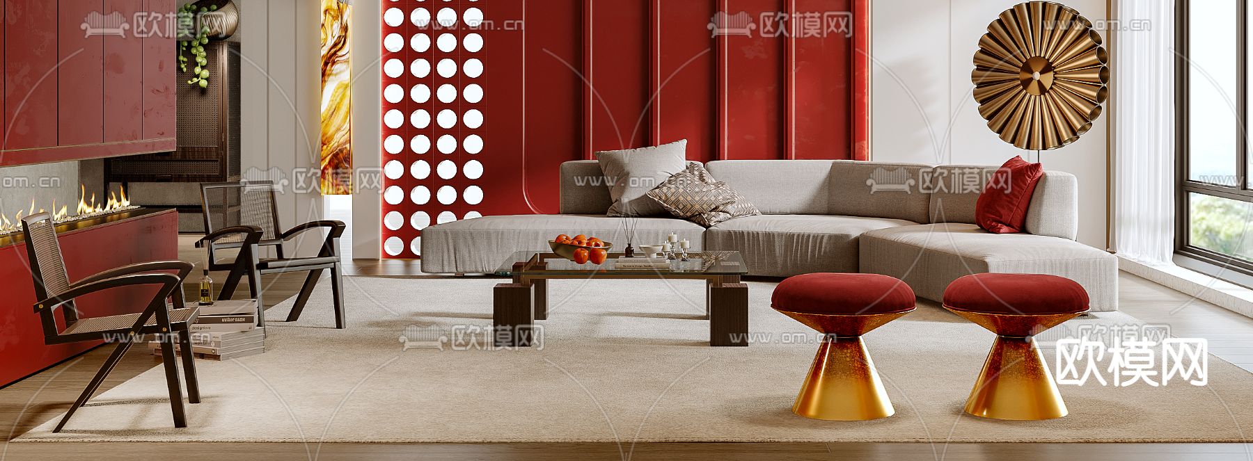 轻奢客厅su模型下载（渲染图3）