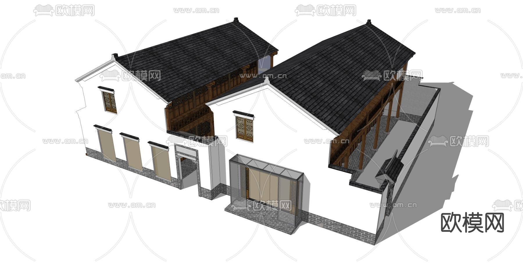 中式民宿建筑外观su模型下载（渲染图2）