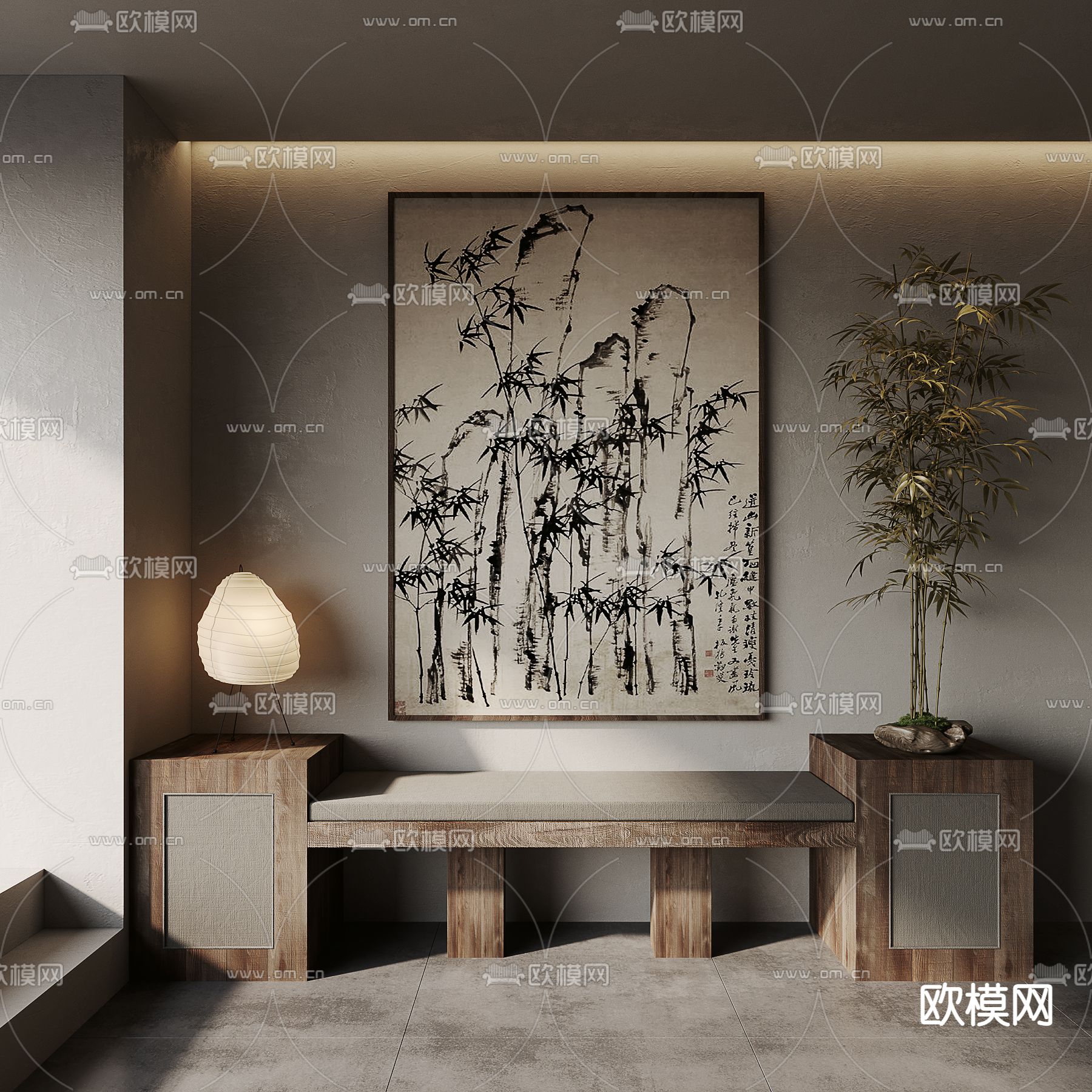 新中式竹叶装饰画3d模型下载