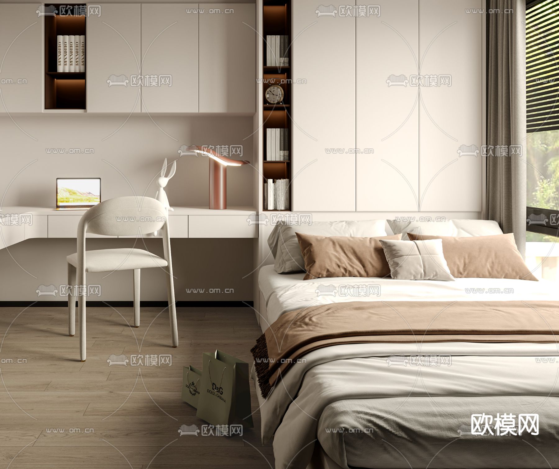 奶油风榻榻米卧室su模型下载（渲染图3）