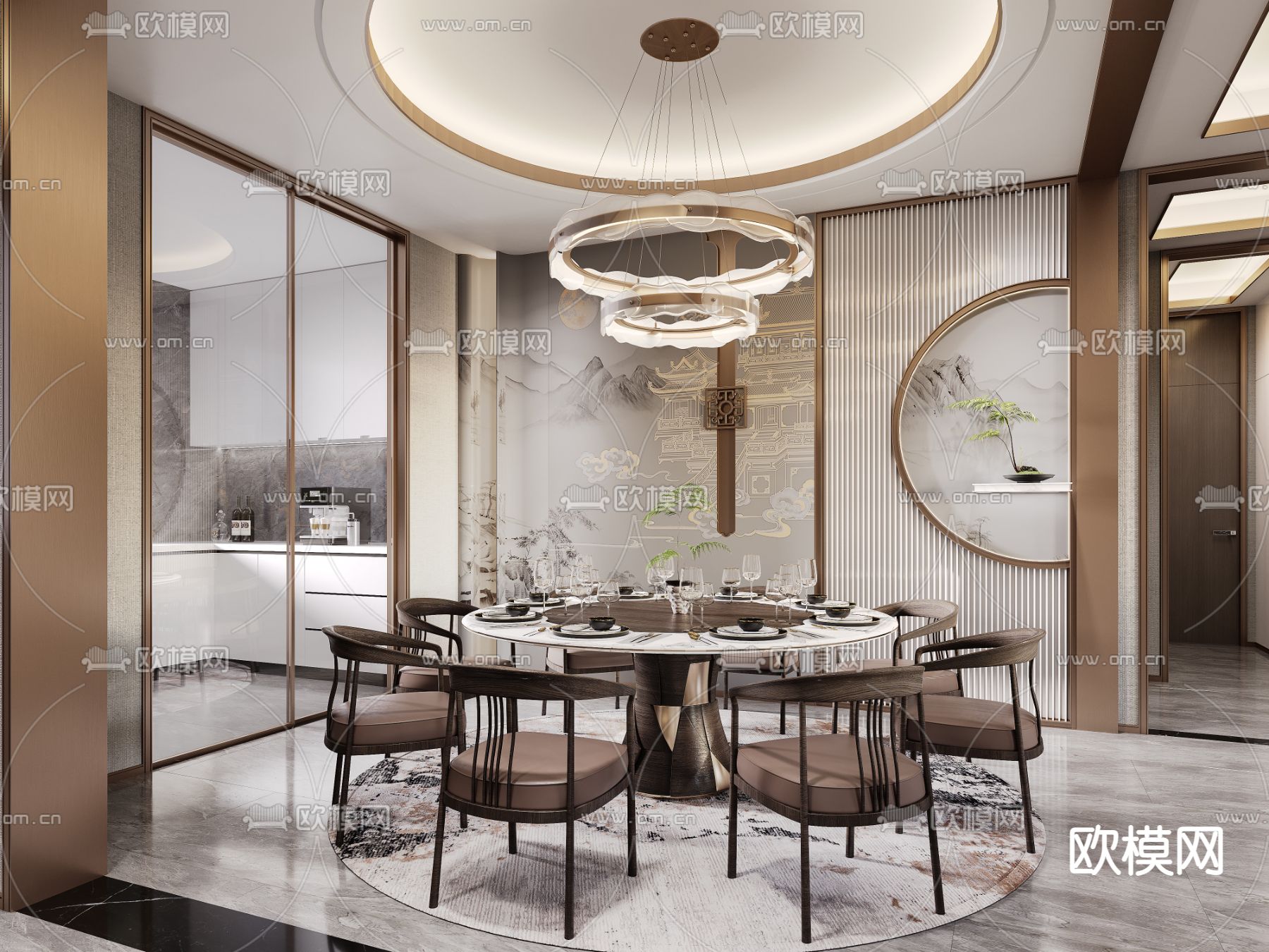 新中式挑空别墅客餐厅3d模型下载（渲染图2）