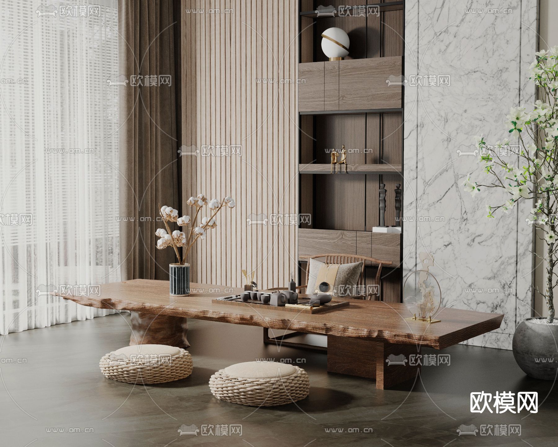 新中式茶桌椅3d模型下载