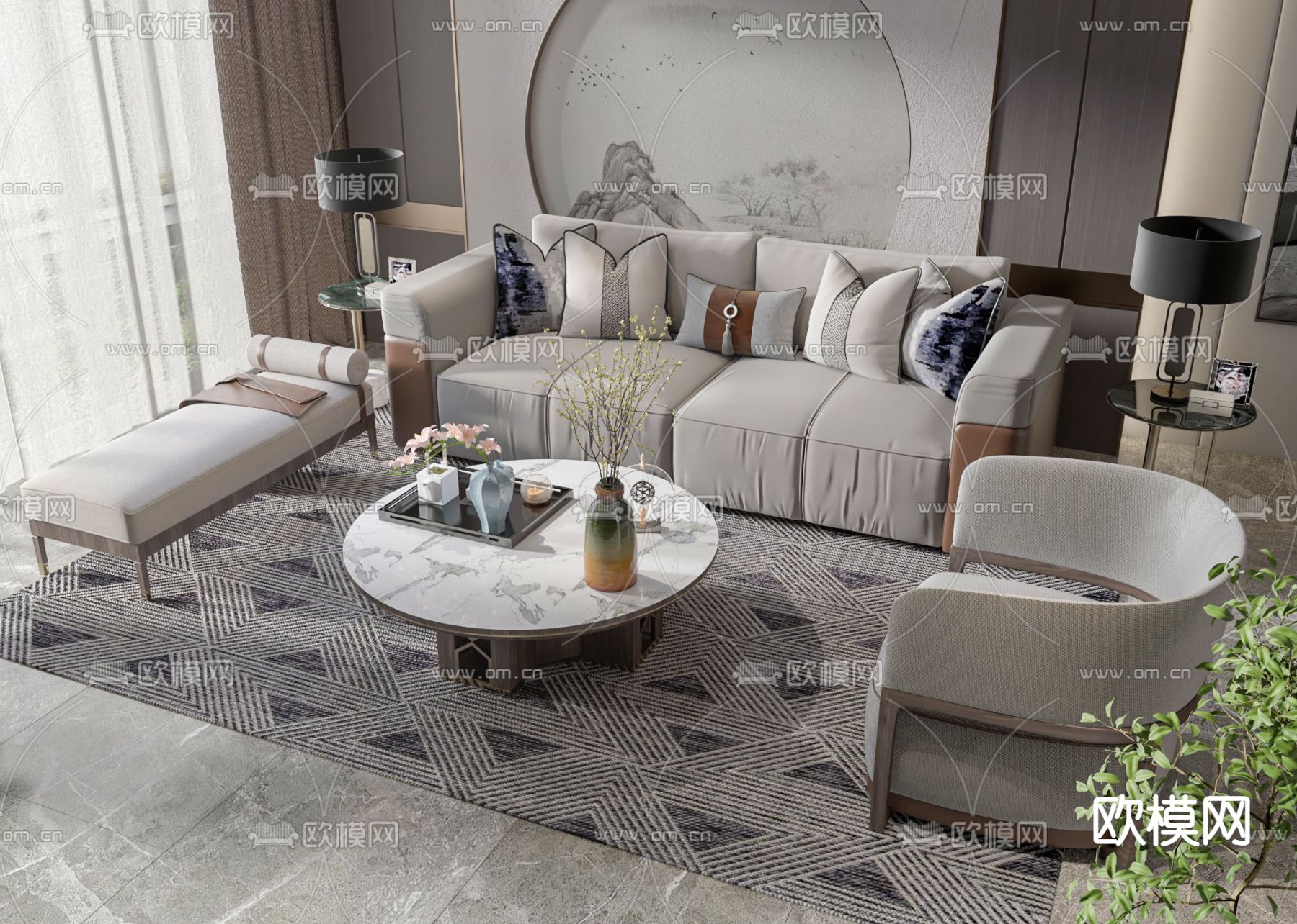 新中式组合沙发3d模型下载