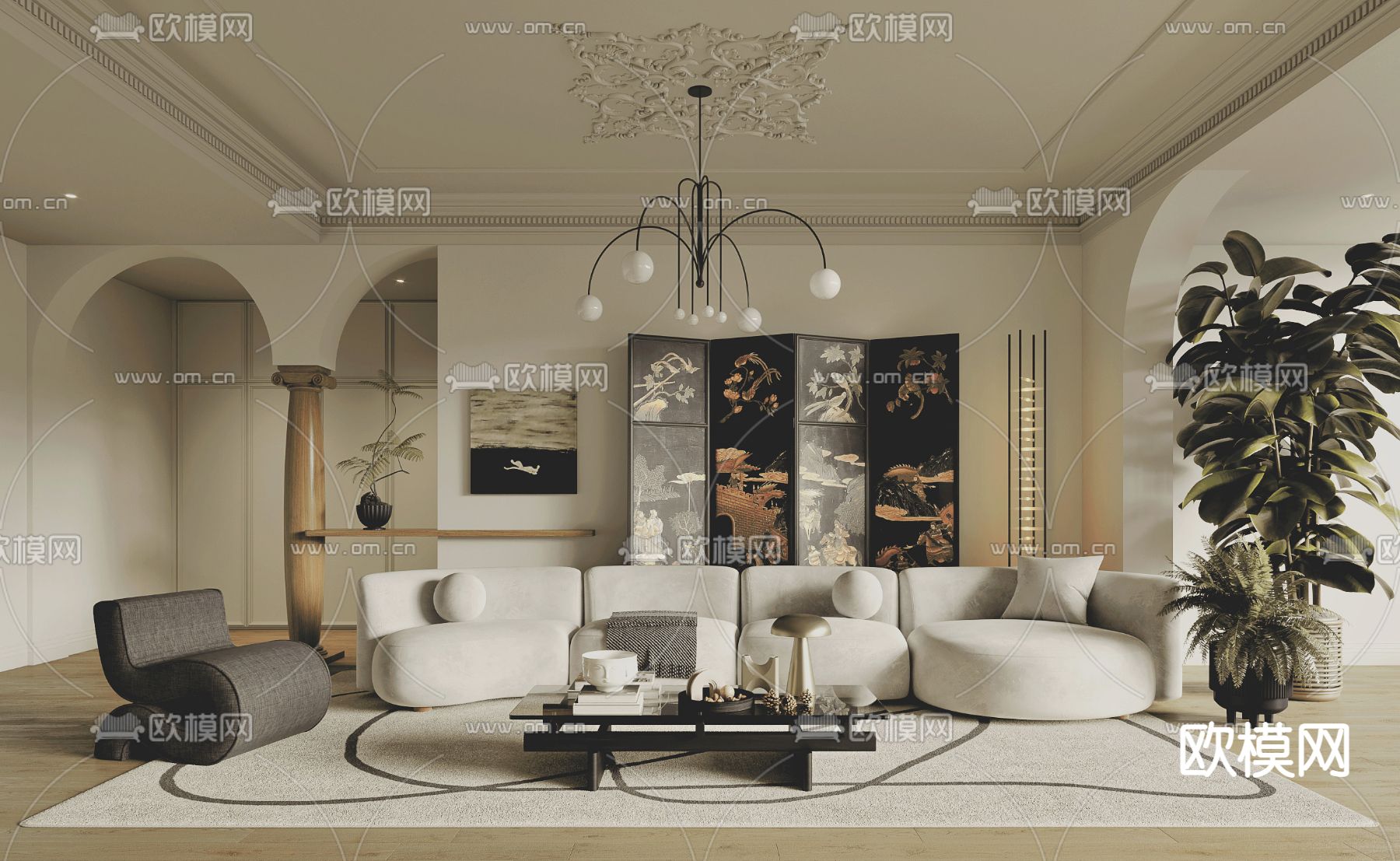 中古风客厅su模型下载（渲染图1）