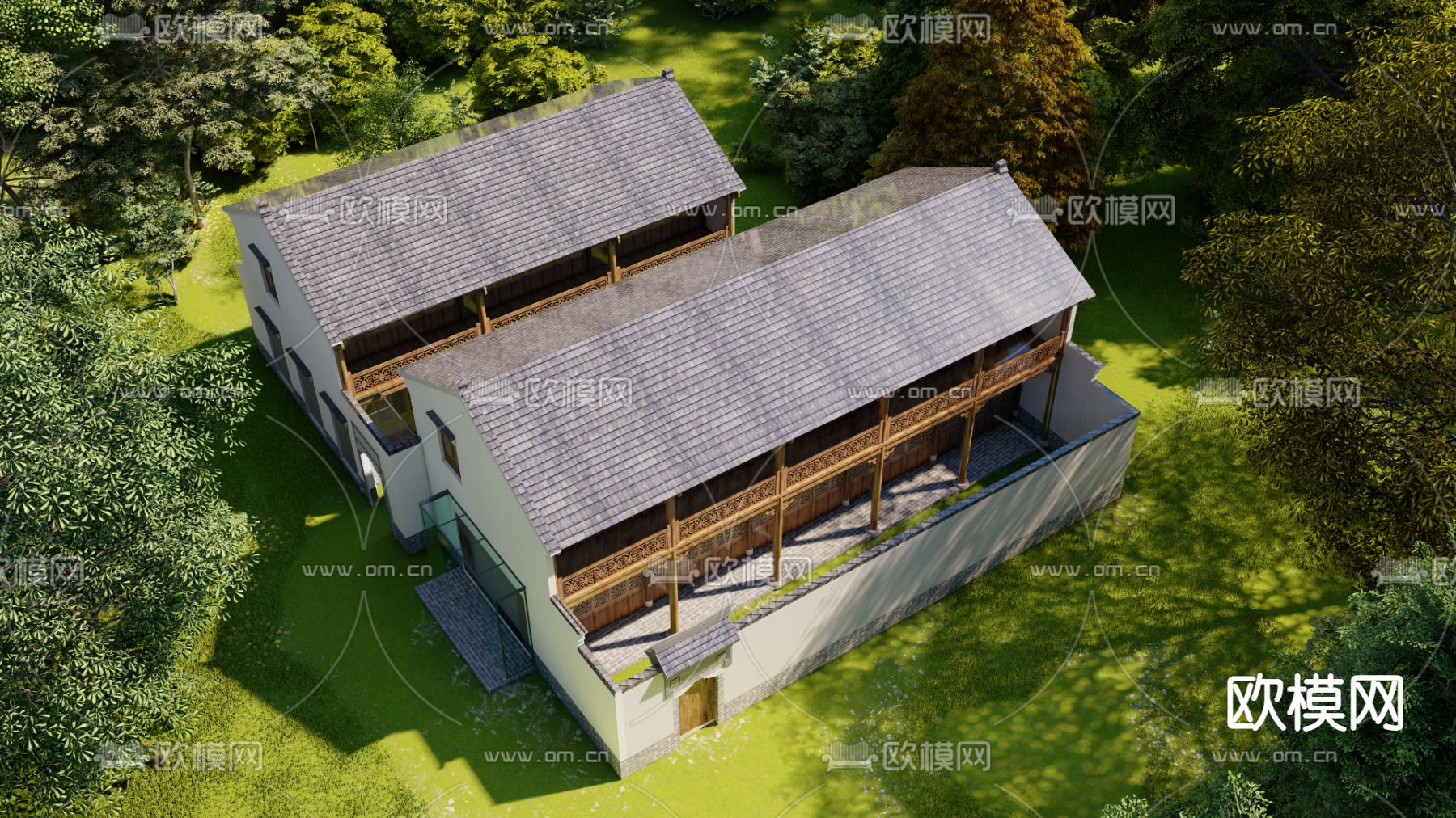 中式民宿建筑外观su模型下载（渲染图1）