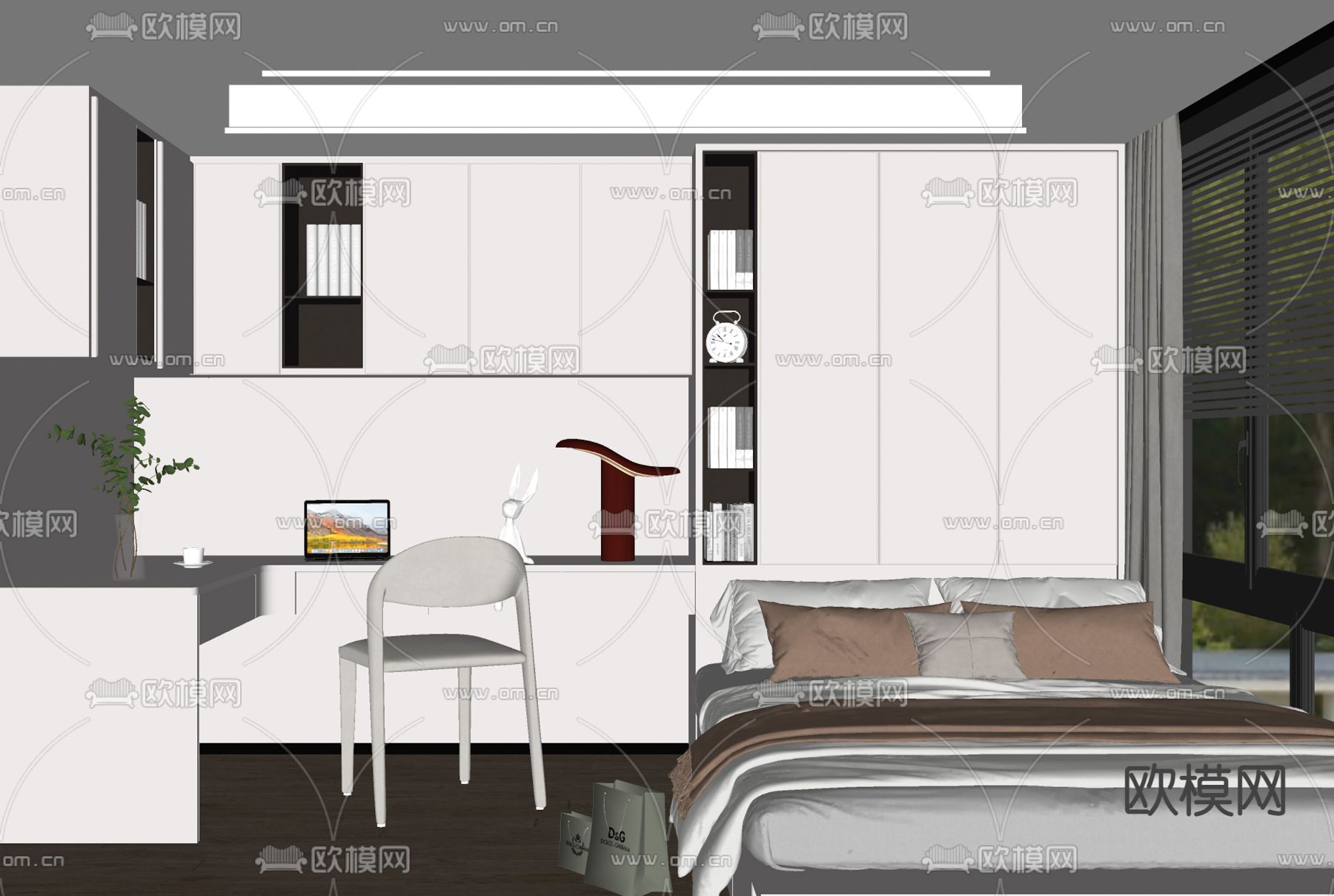 奶油风榻榻米卧室su模型下载（渲染图2）