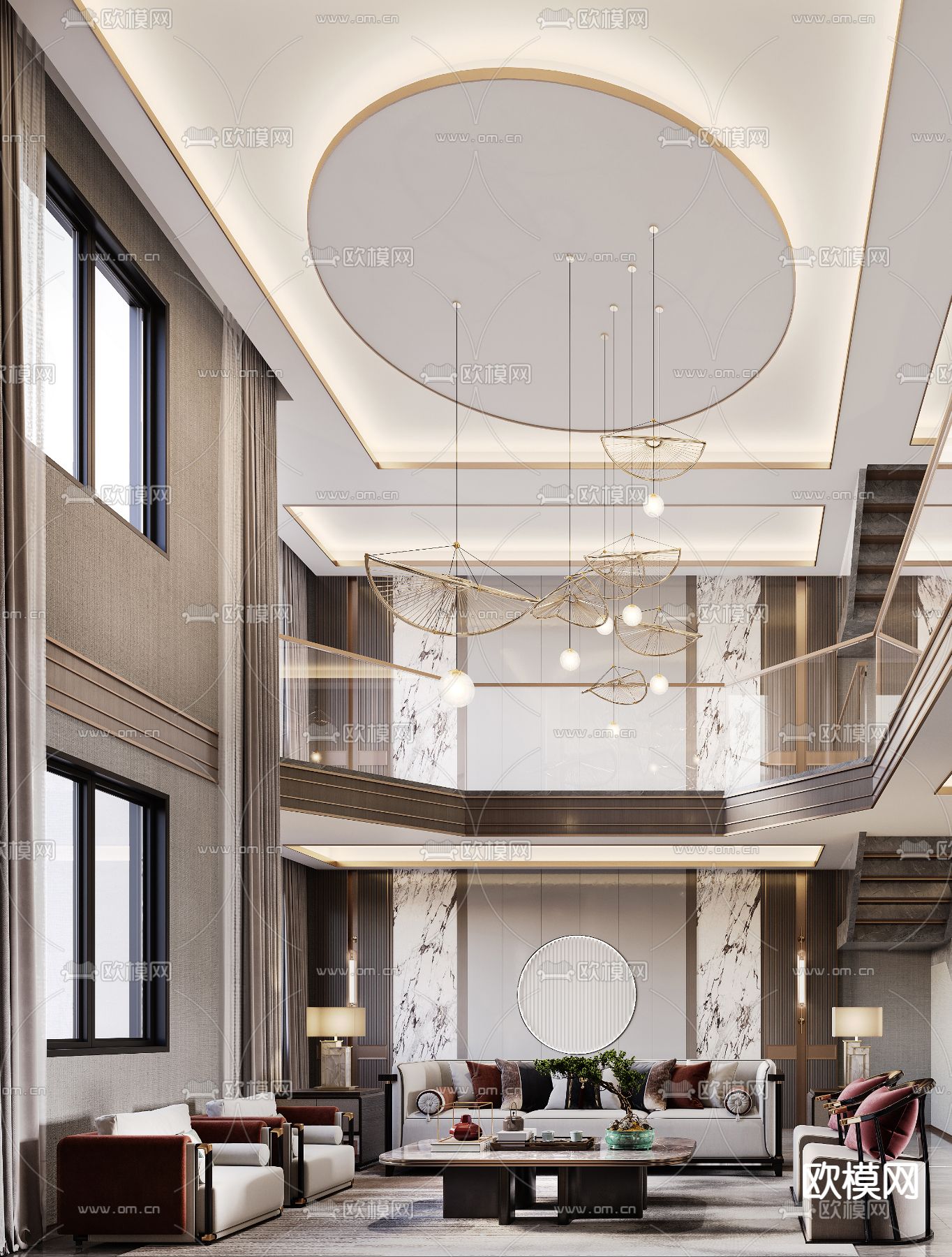 新中式挑空别墅客餐厅3d模型下载（渲染图1）