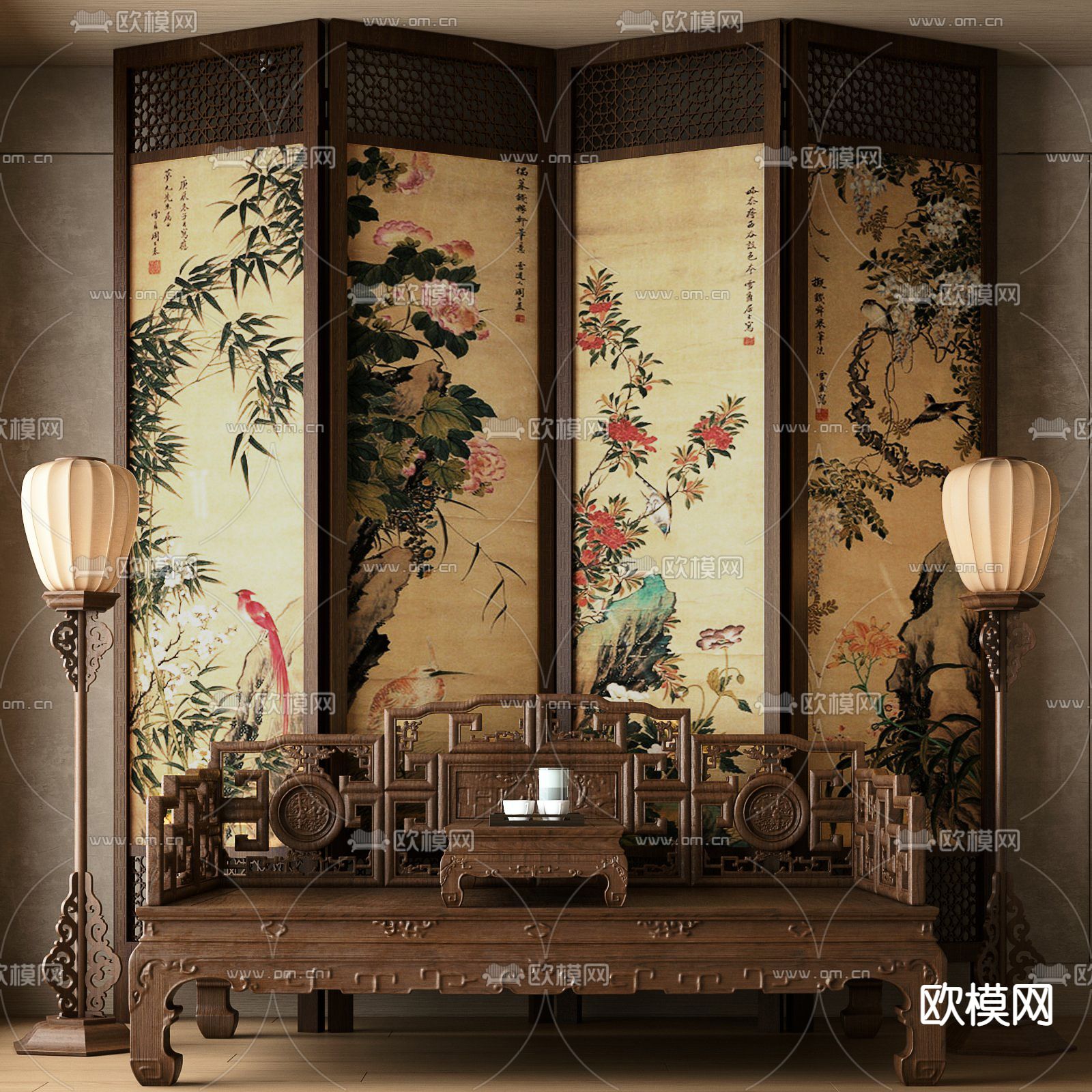 中式罗汉床 落地灯3d模型下载（渲染图1）