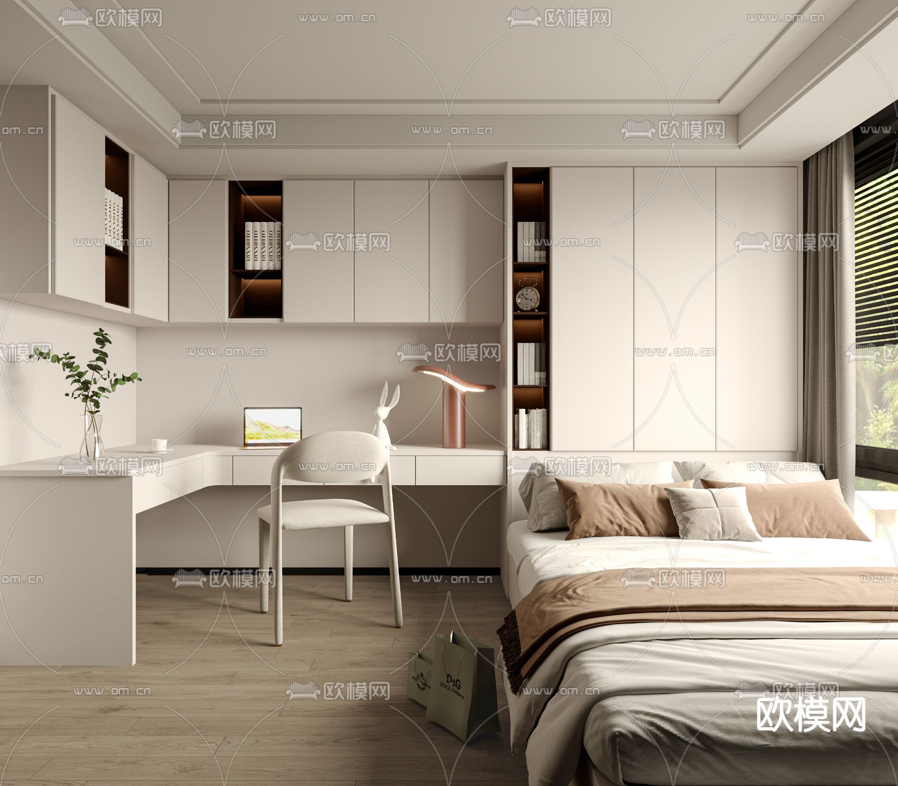 奶油风榻榻米卧室su模型下载（渲染图1）