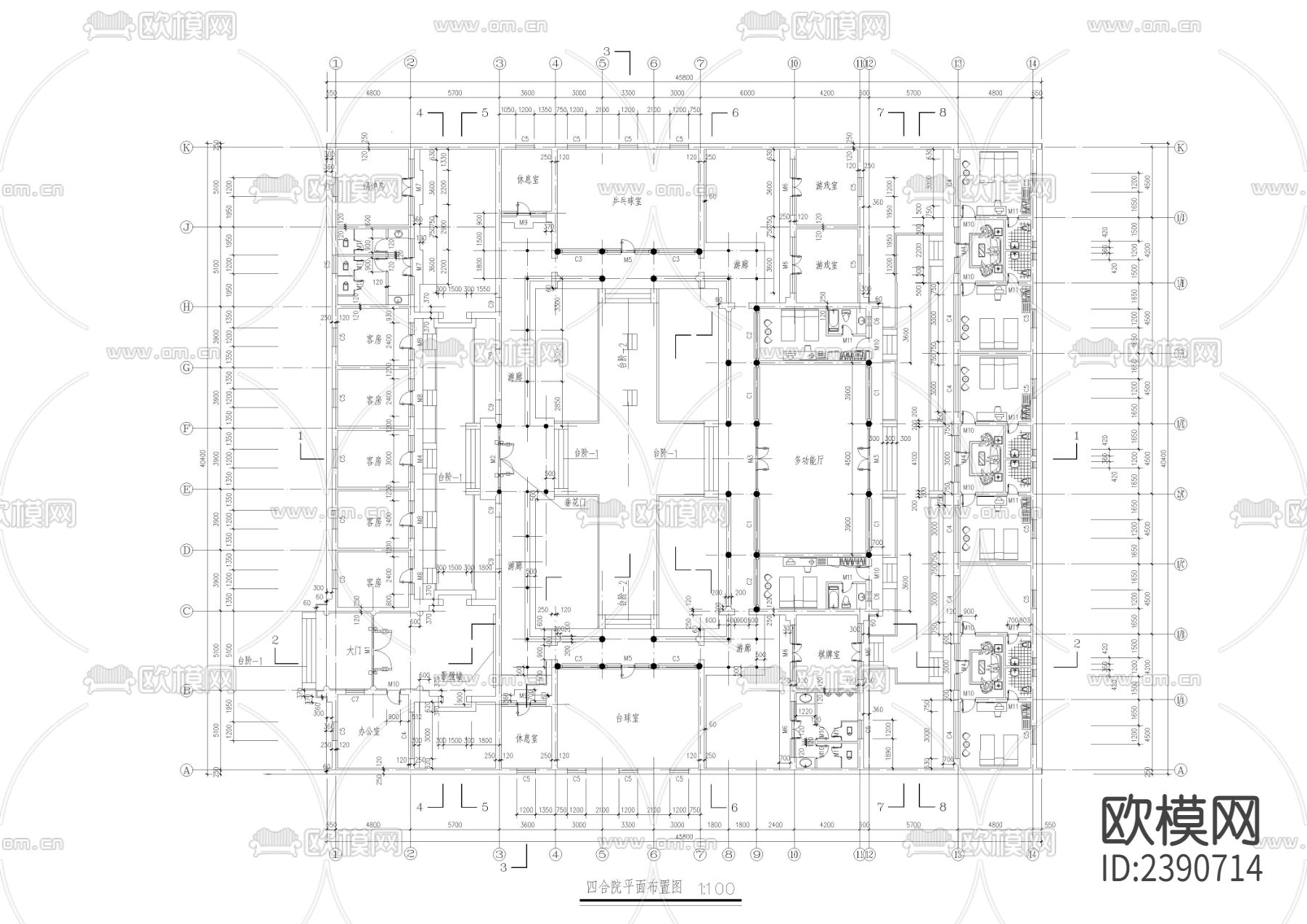 四合院平立剖面图CAD施工图下载（渲染图2）