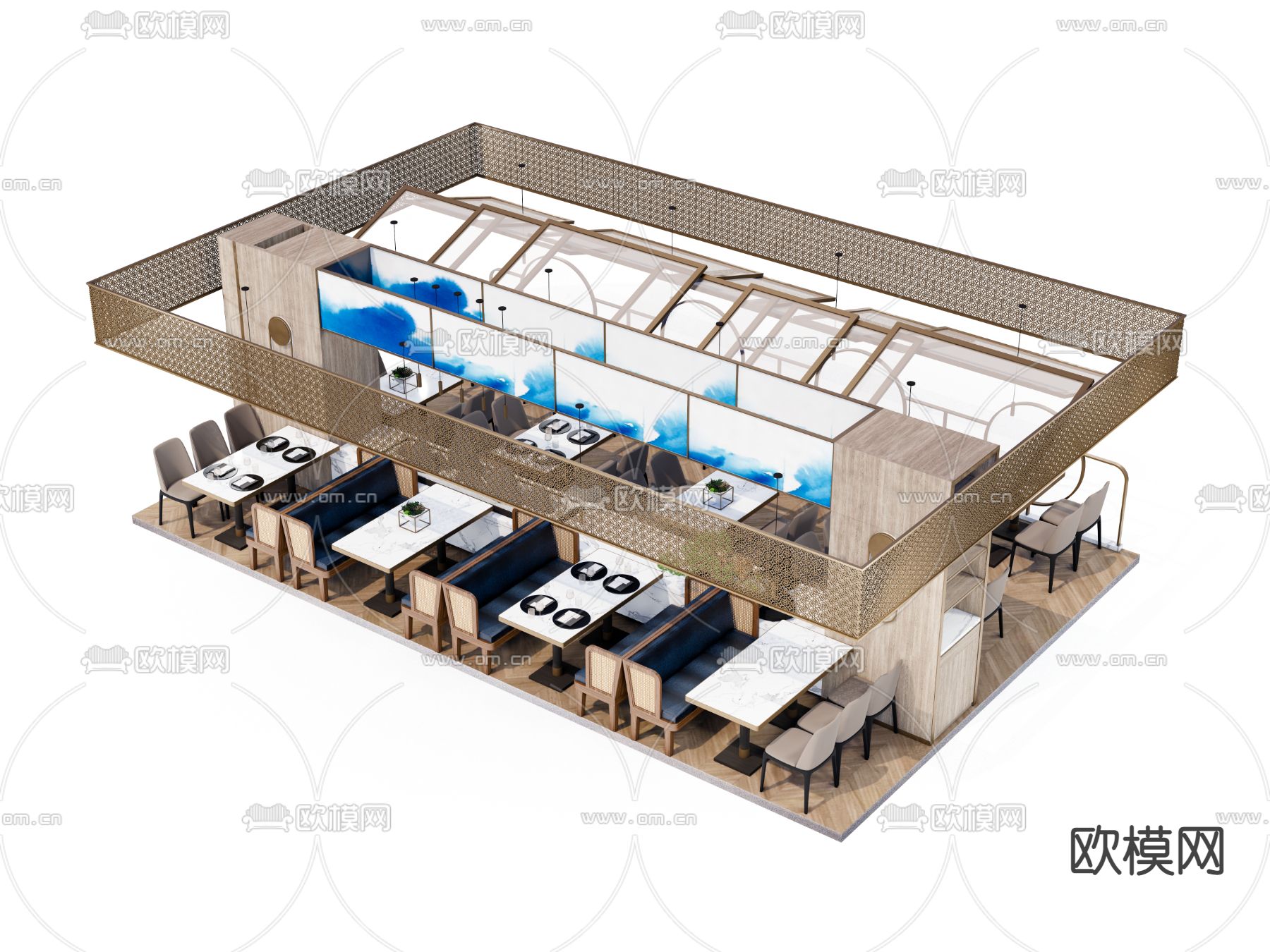 新中式卡座餐桌椅su模型下载（渲染图1）