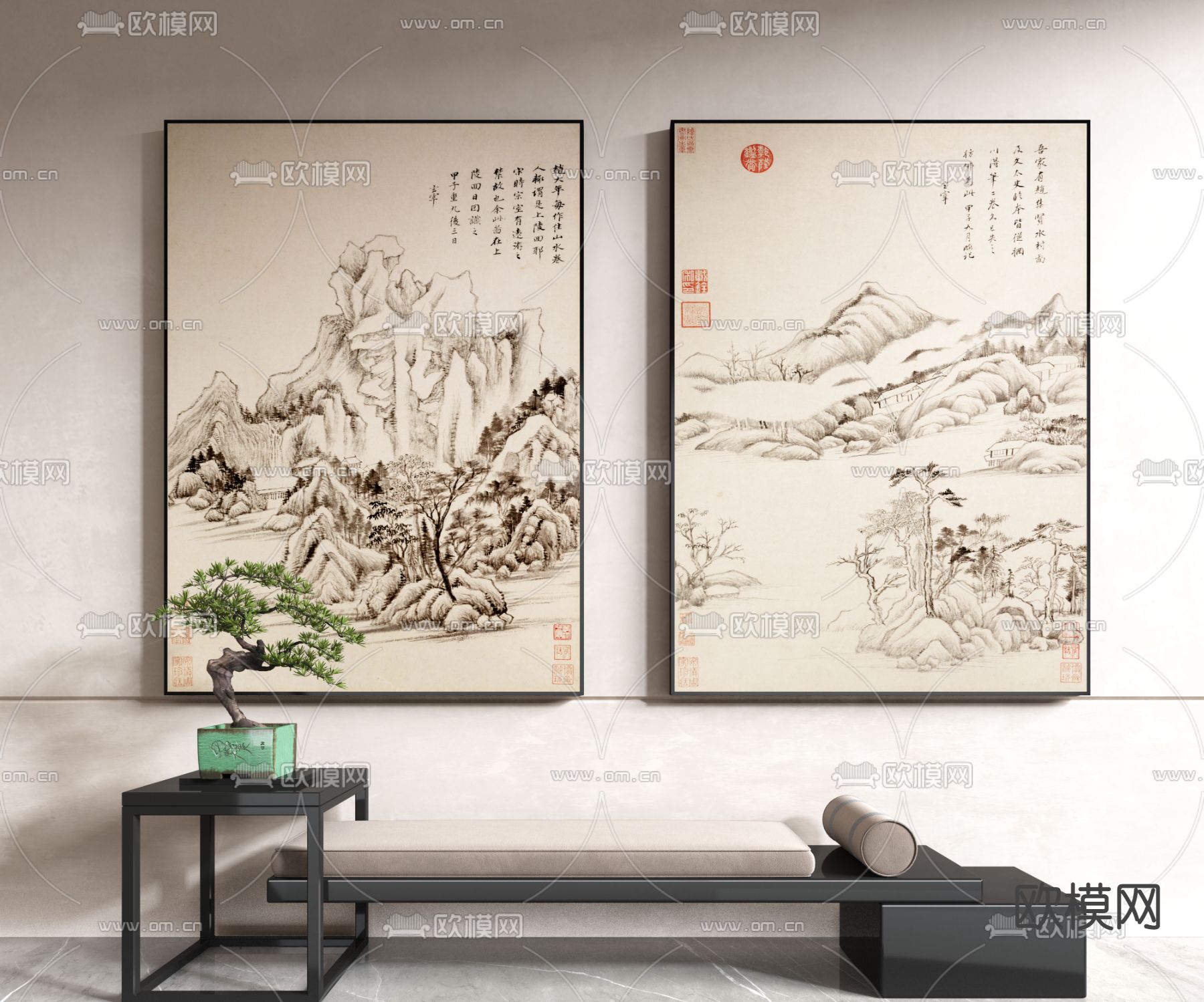 新中式山水挂画 装饰画3d模型下载_ID12211584_3dmax免费模型-欧模网
