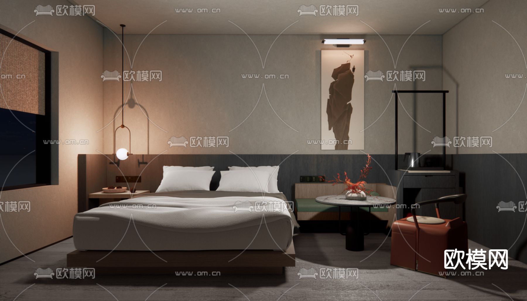 现代酒店民宿客房su模型下载（渲染图1）