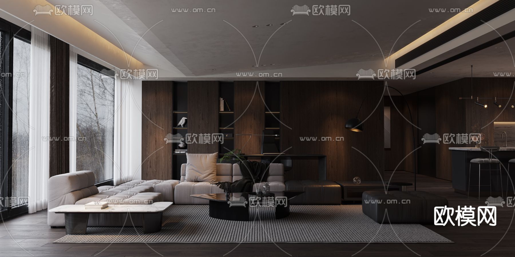 暗黑系客厅 餐厅3d模型下载（渲染图1）