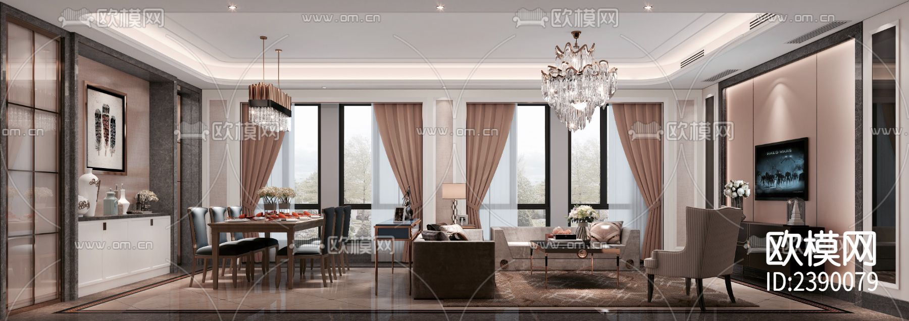 简欧大平层豪宅CAD施工图下载（渲染图1）