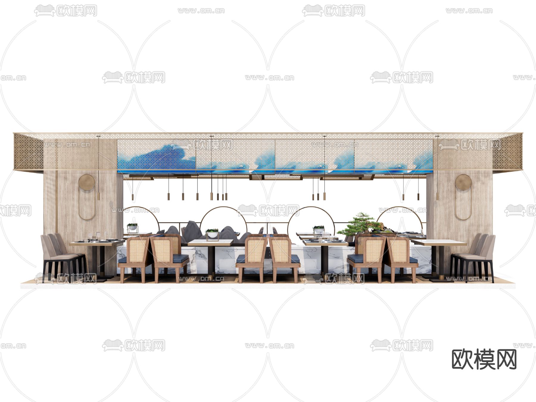 新中式卡座餐桌椅su模型下载（渲染图4）