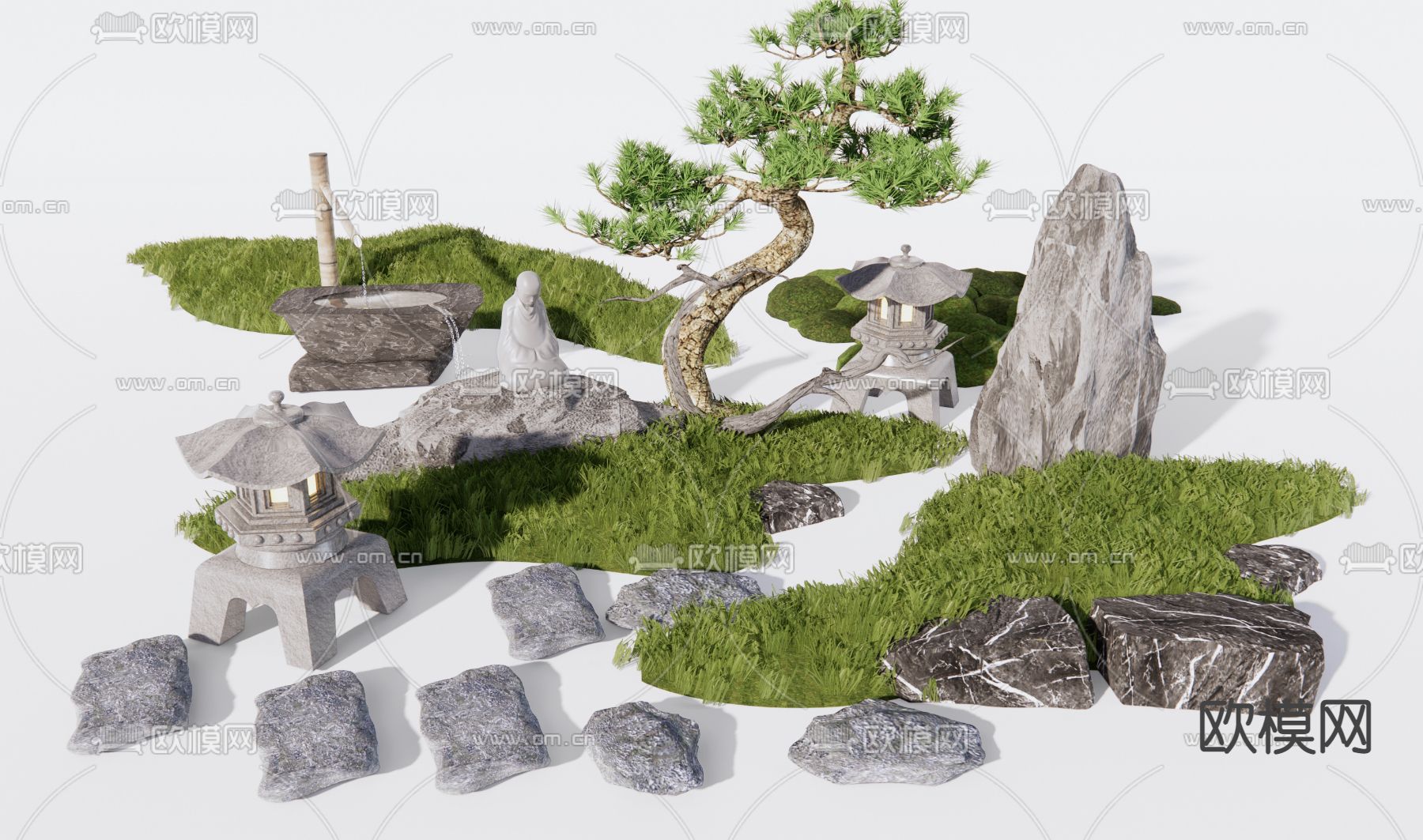 日式松树石头景观小品3d模型下载