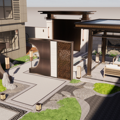  新中式庭院景观su模型 