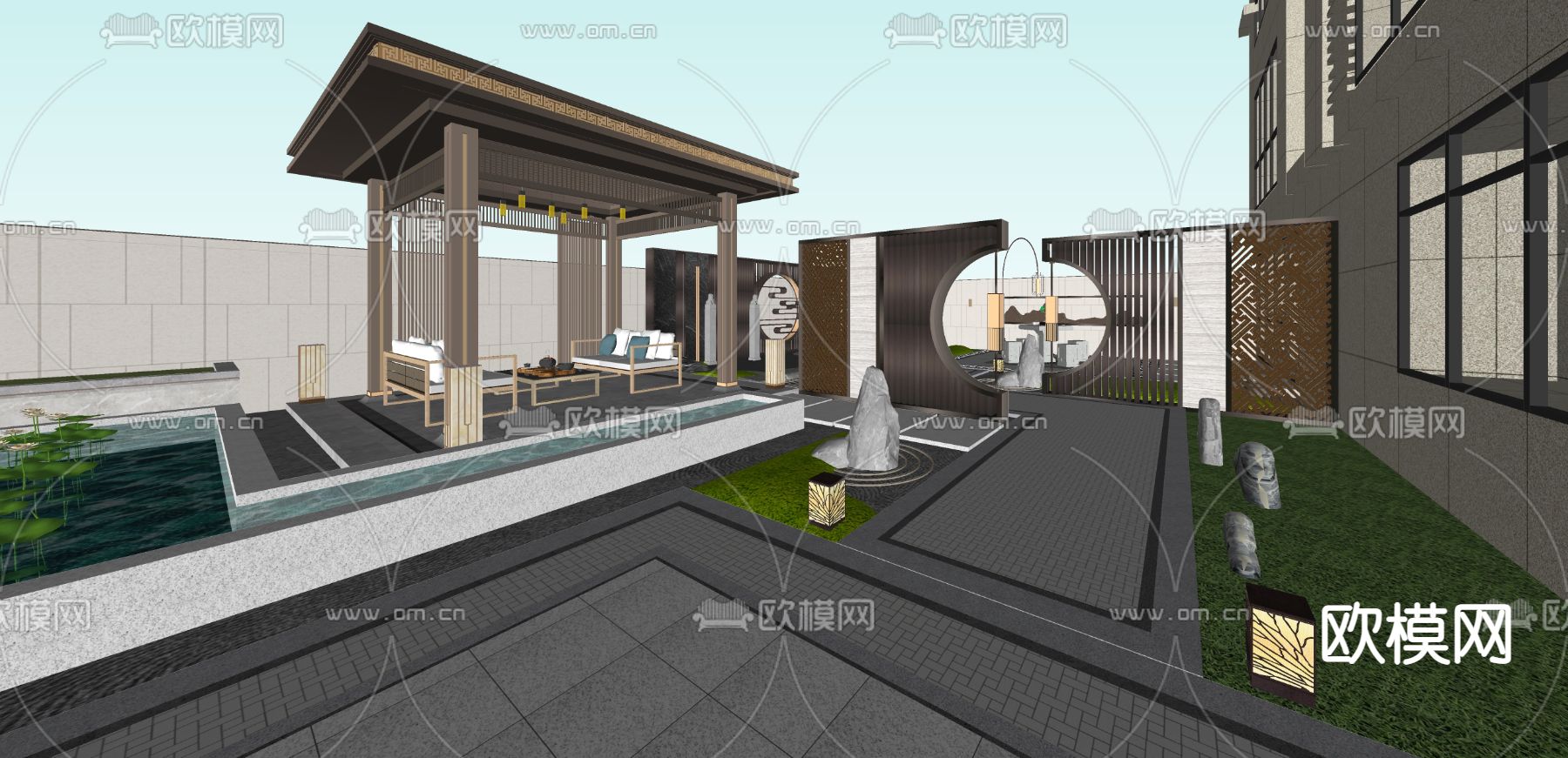 新中式庭院景观su模型下载（渲染图2）