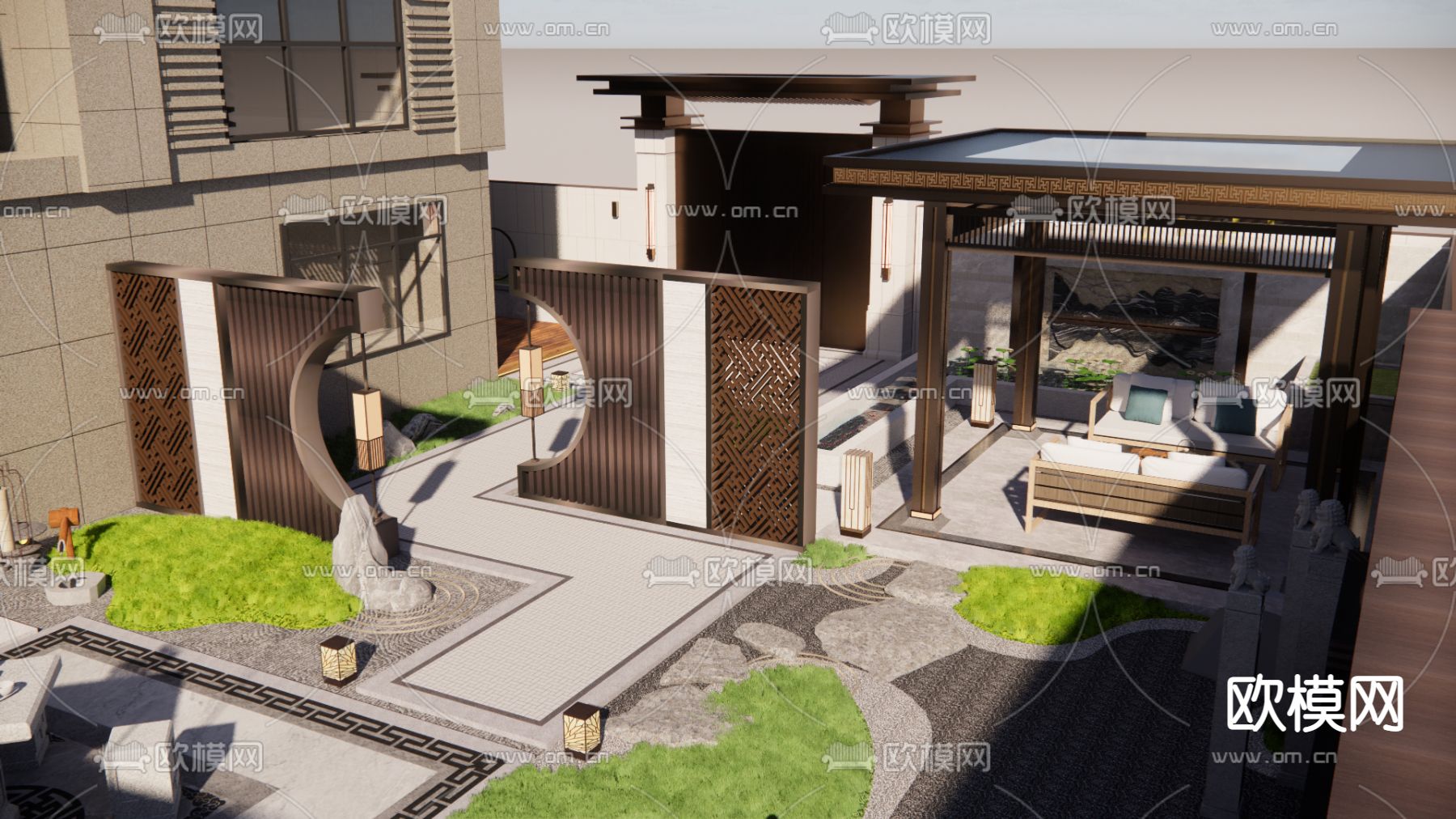 新中式庭院景观su模型下载（渲染图1）