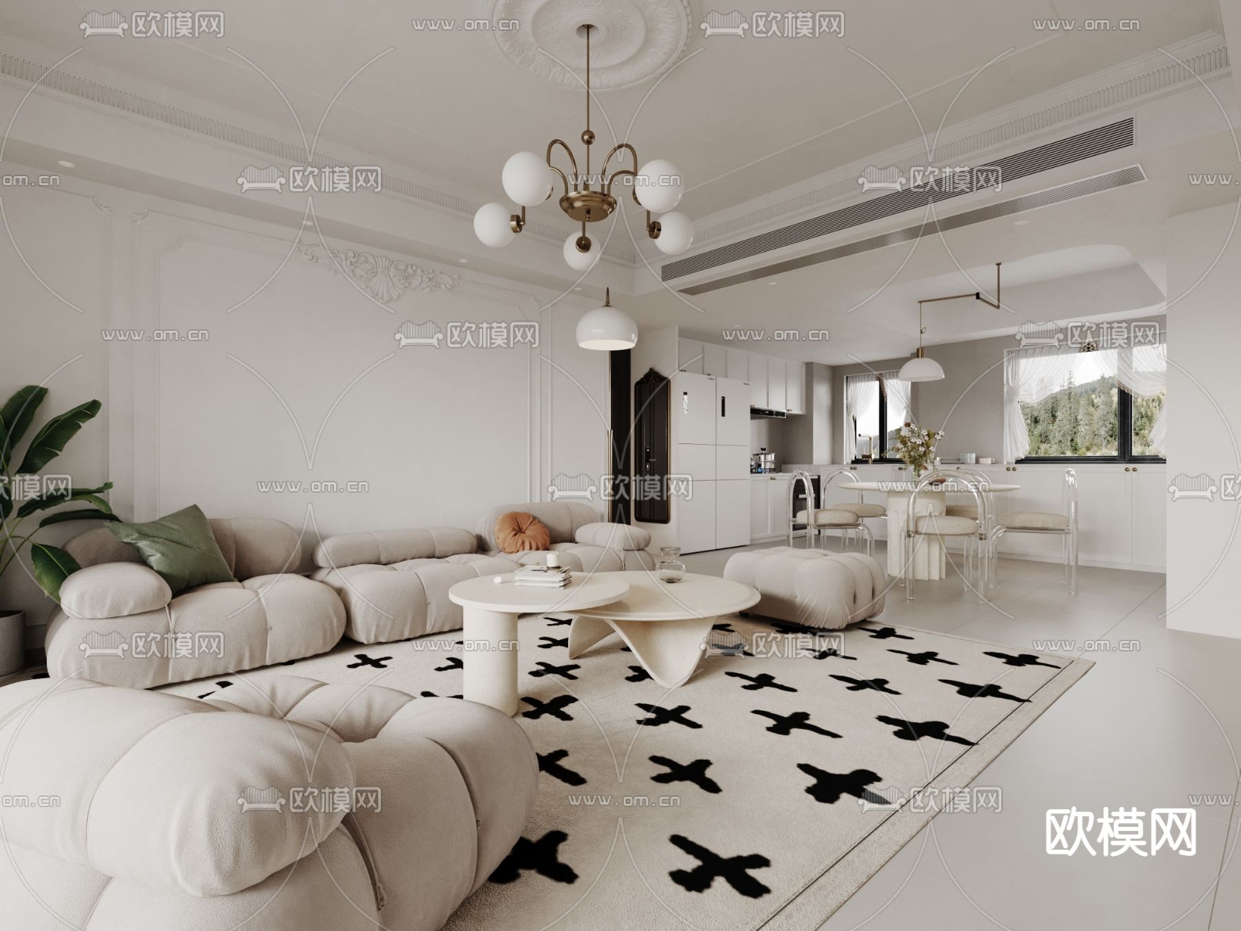 法式客厅 餐厅3d模型下载（渲染图1）