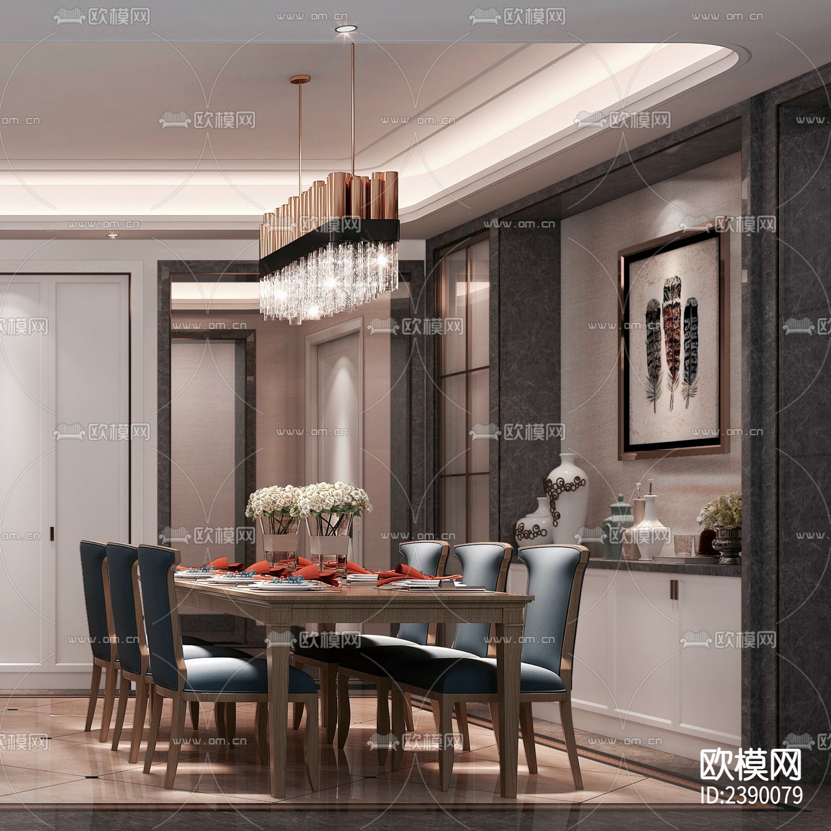 简欧大平层豪宅CAD施工图下载（渲染图3）