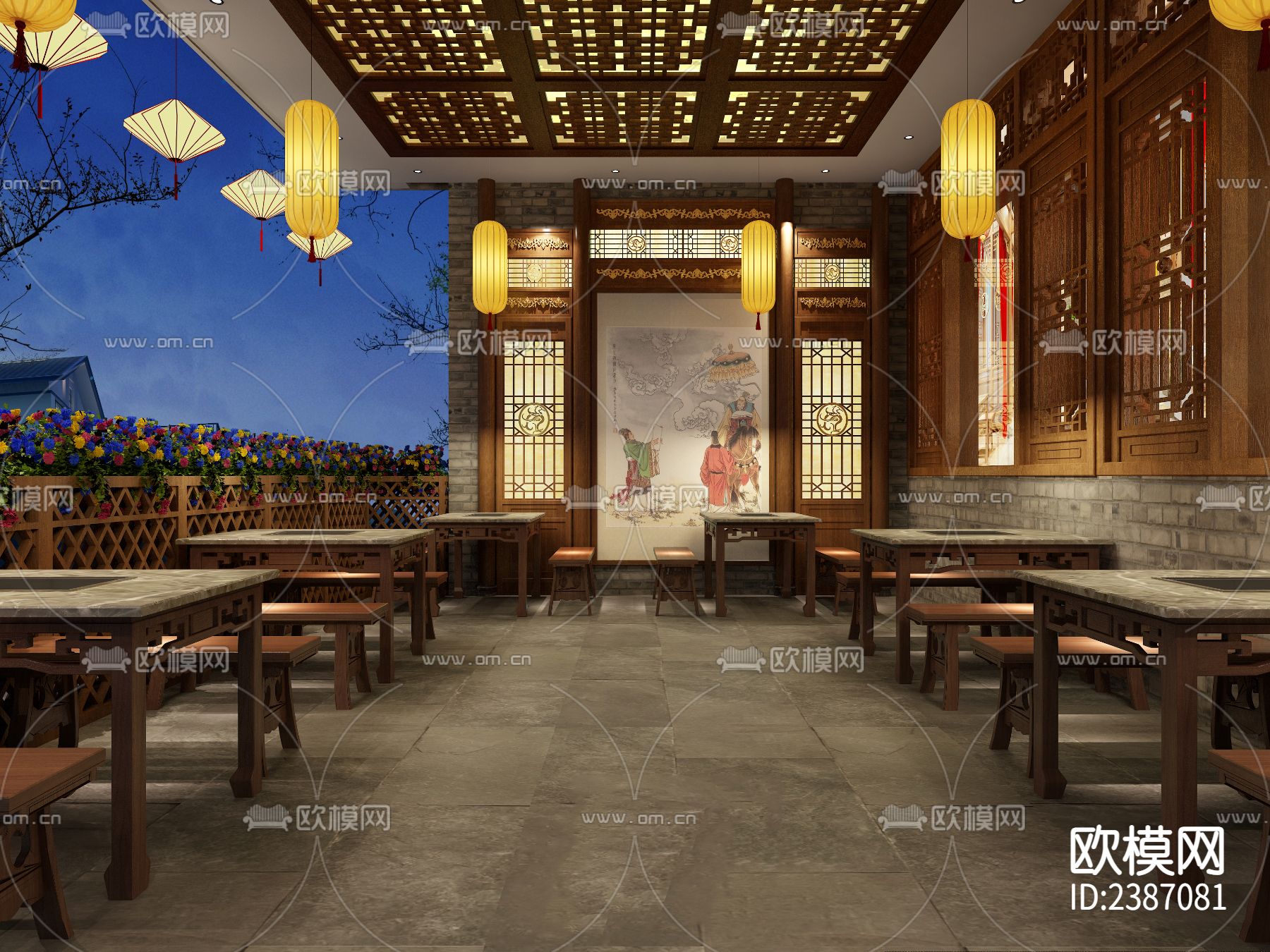 中式小龙坎火锅店CAD施工图下载（渲染图2）