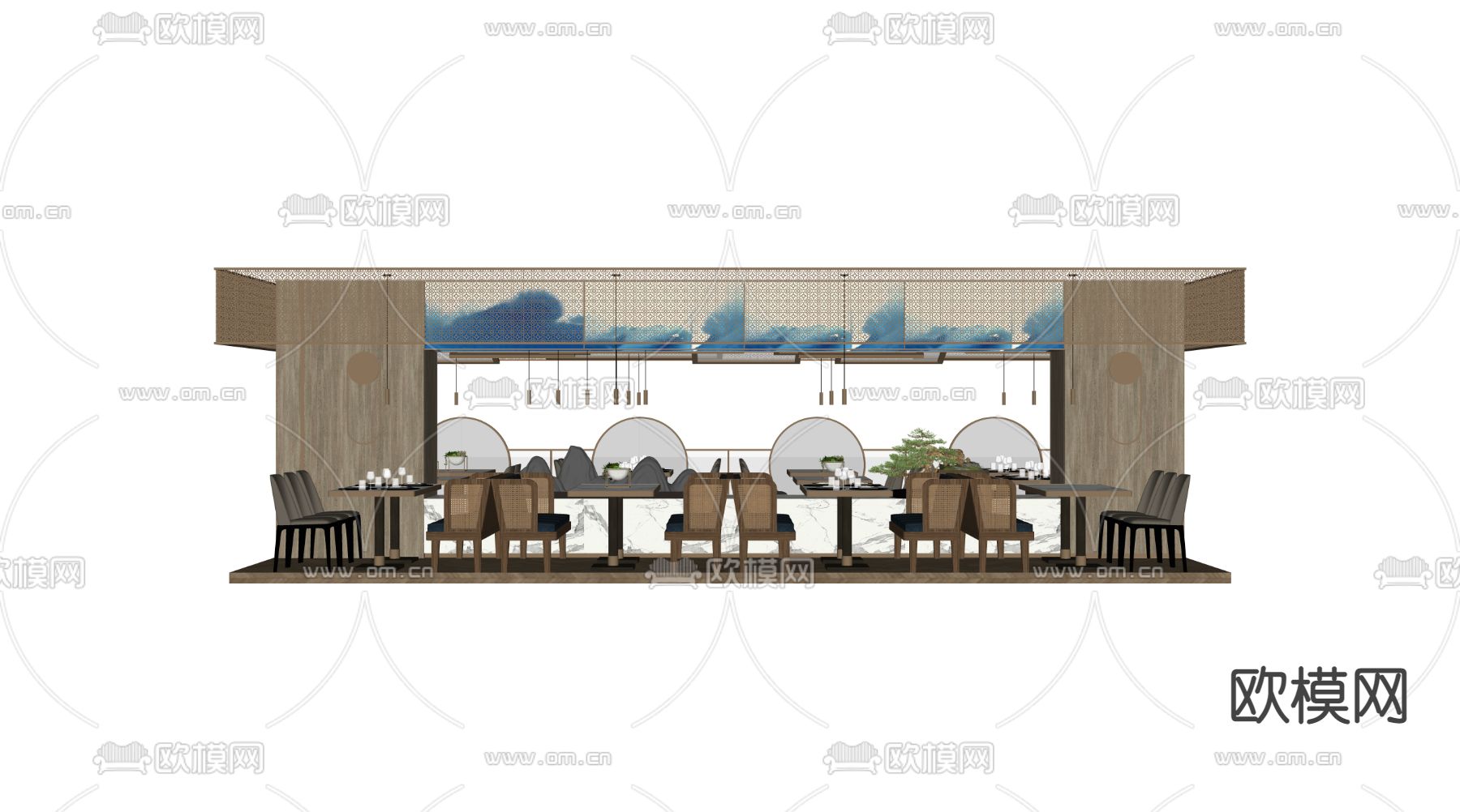 新中式卡座餐桌椅su模型下载（渲染图3）