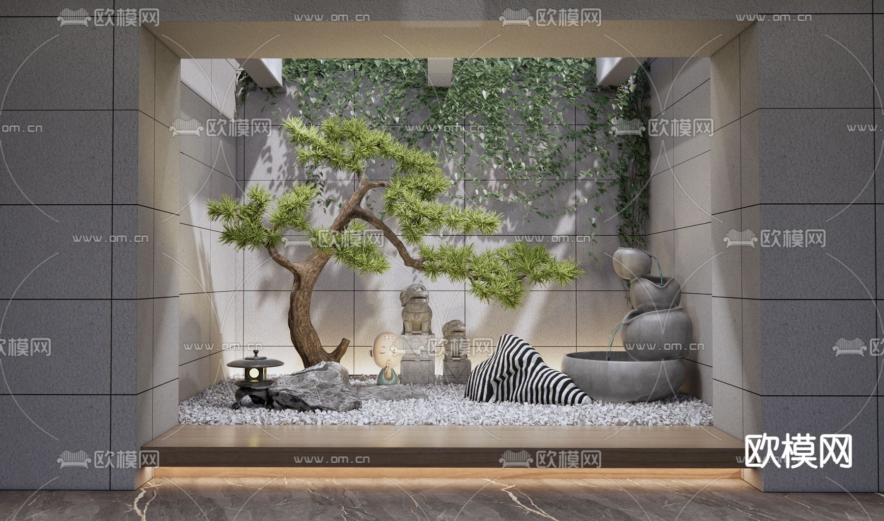 新中式绿植造景小品3d模型下载