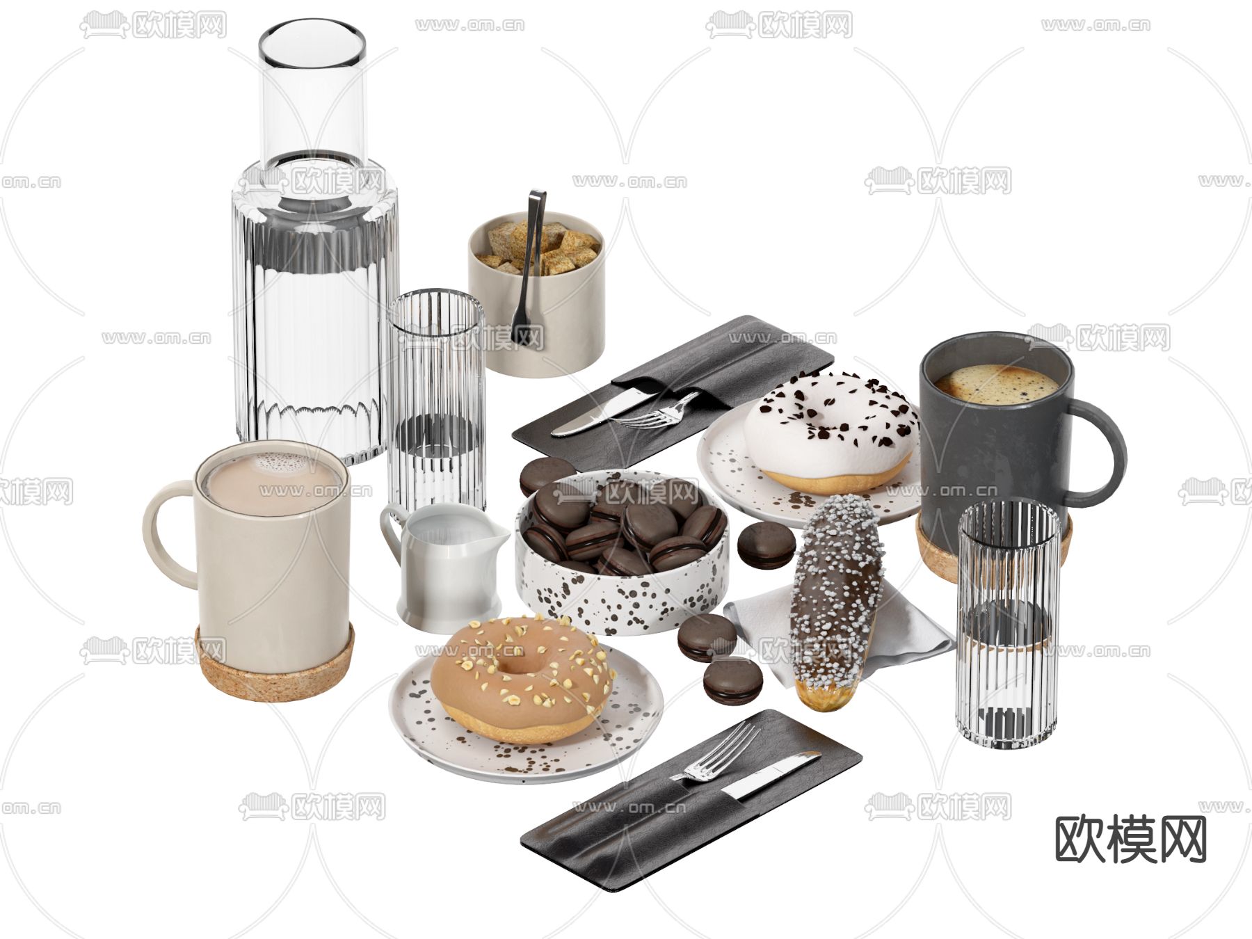 现代甜品 咖啡 马卡龙su模型下载（渲染图1）