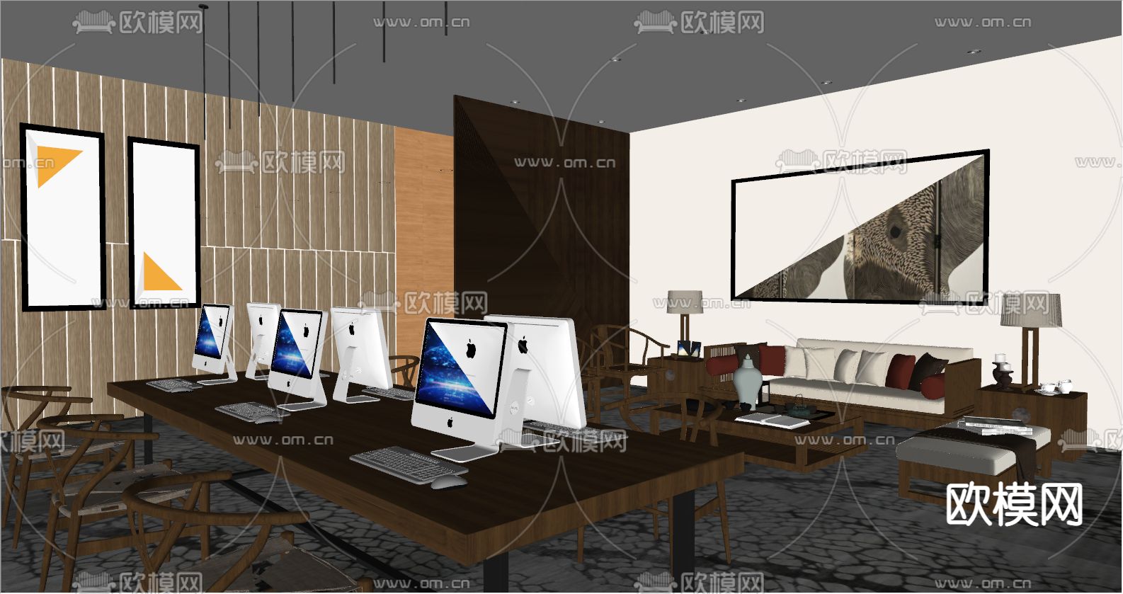 新中式办公区su模型下载（渲染图2）