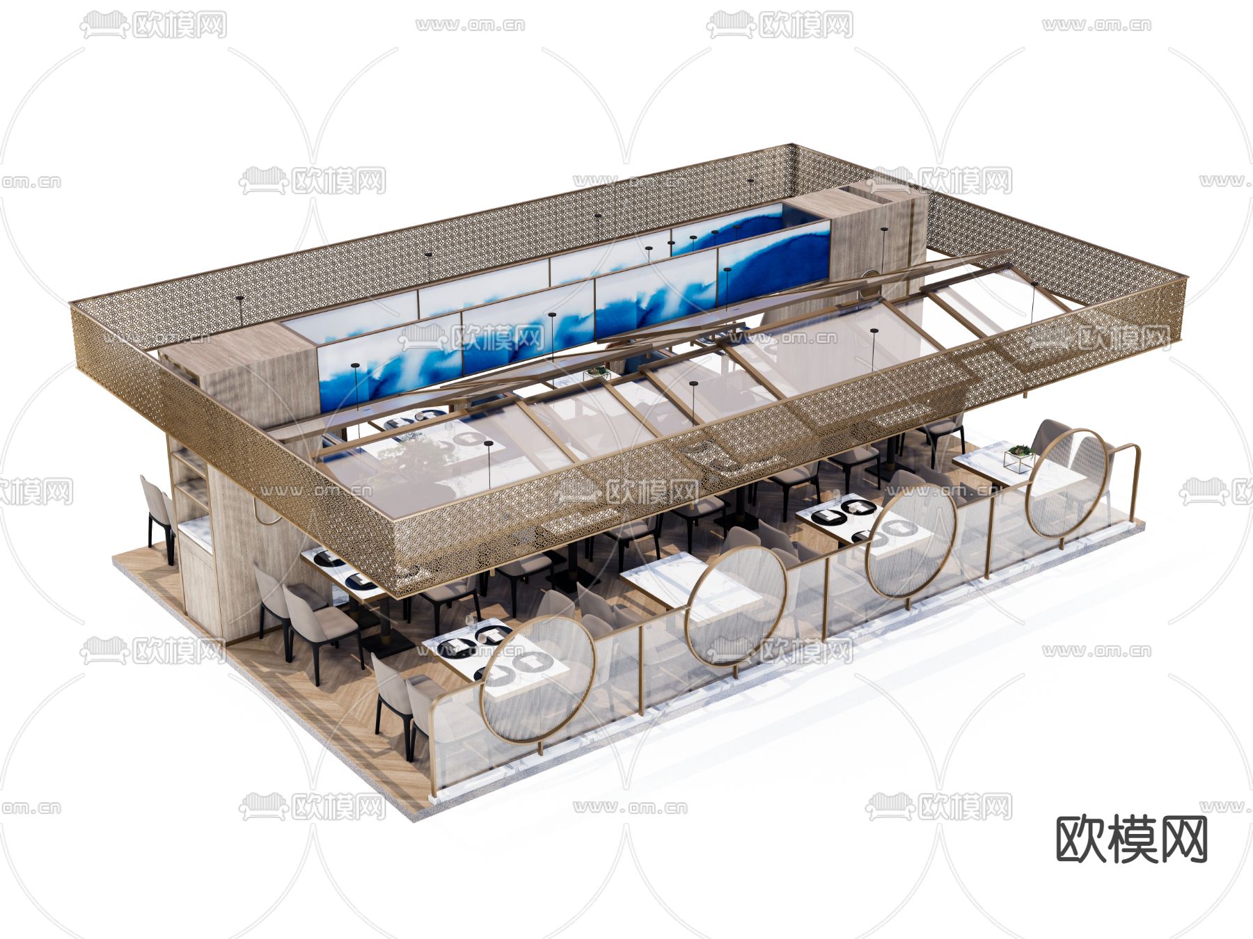 新中式卡座餐桌椅su模型下载（渲染图2）