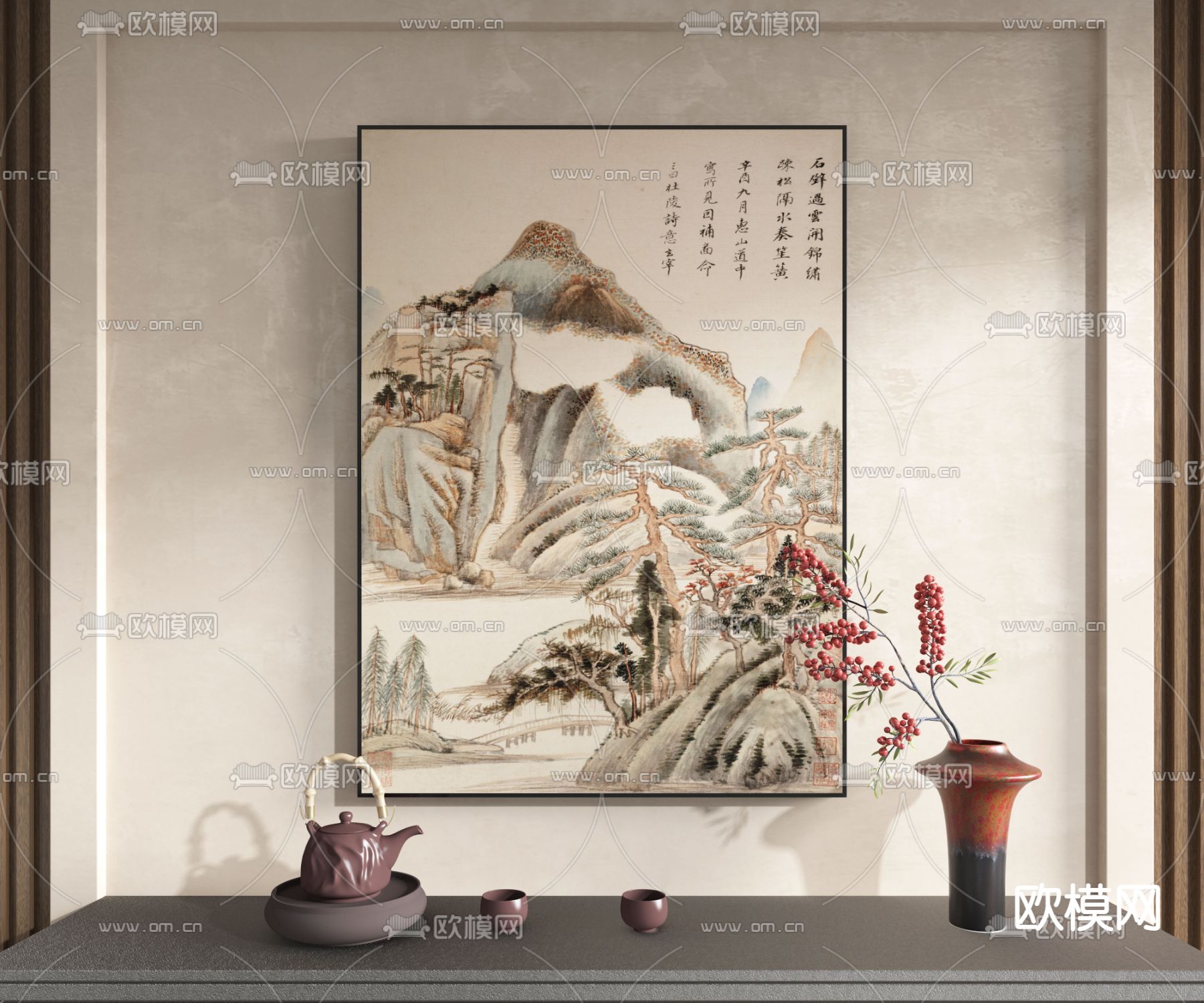 新中式山水挂画 装饰画3d模型下载_ID12211585_3dmax免费模型-欧模网