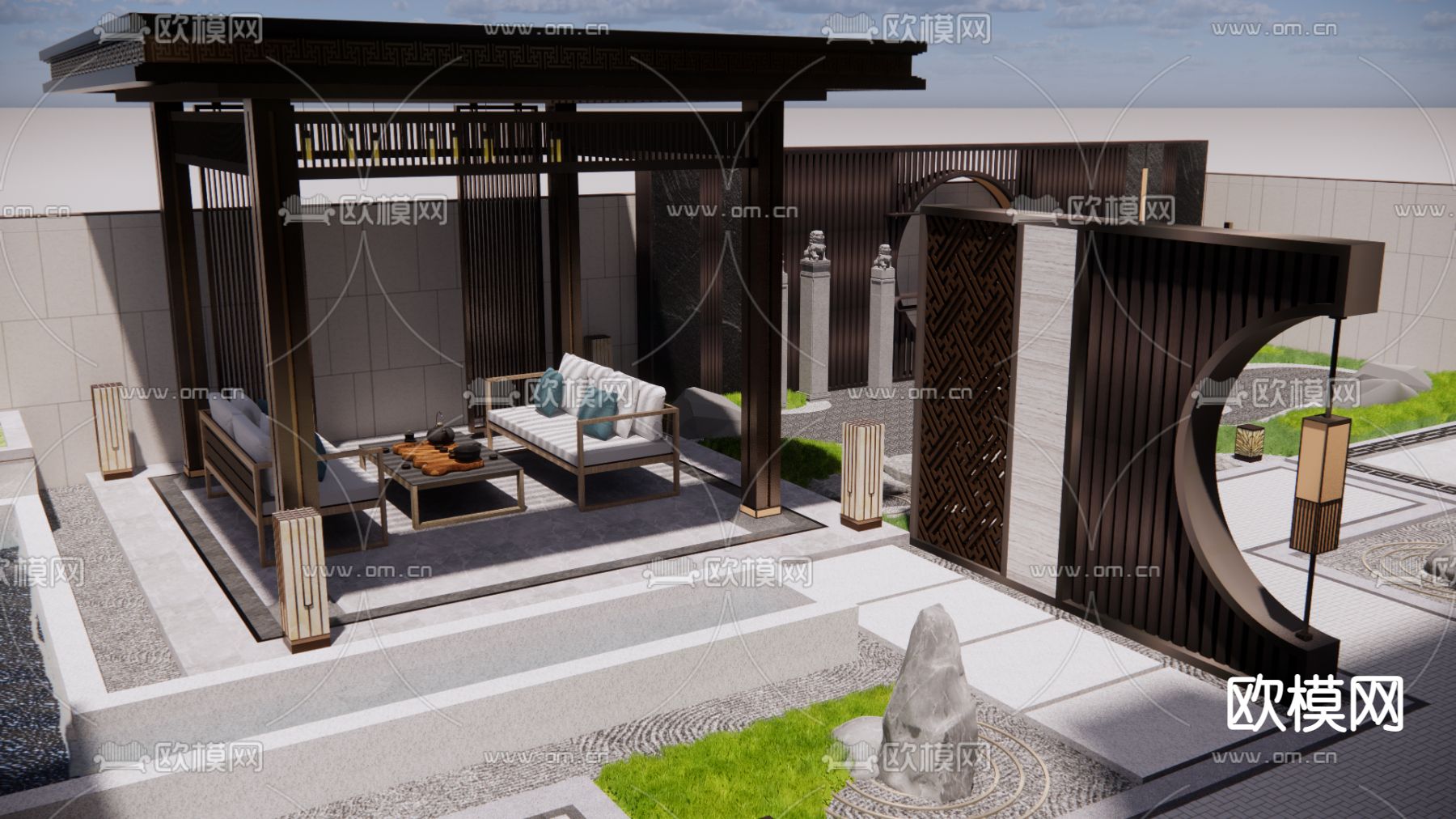 新中式庭院景观su模型下载（渲染图3）