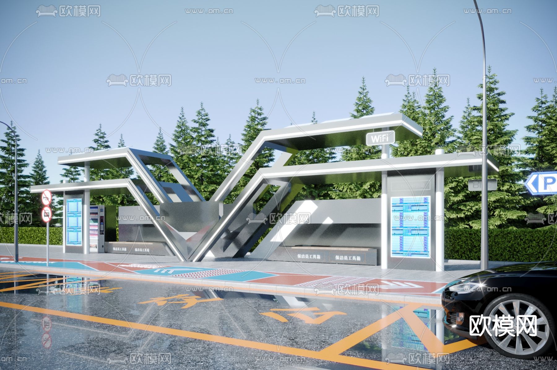 公交车站台 候车亭3d模型下载