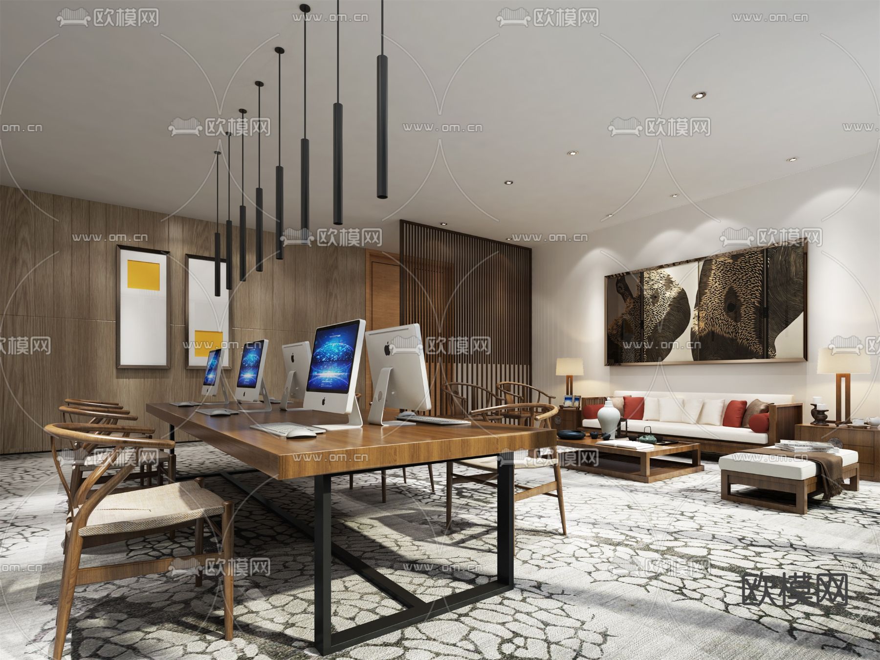 新中式办公区su模型下载（渲染图1）