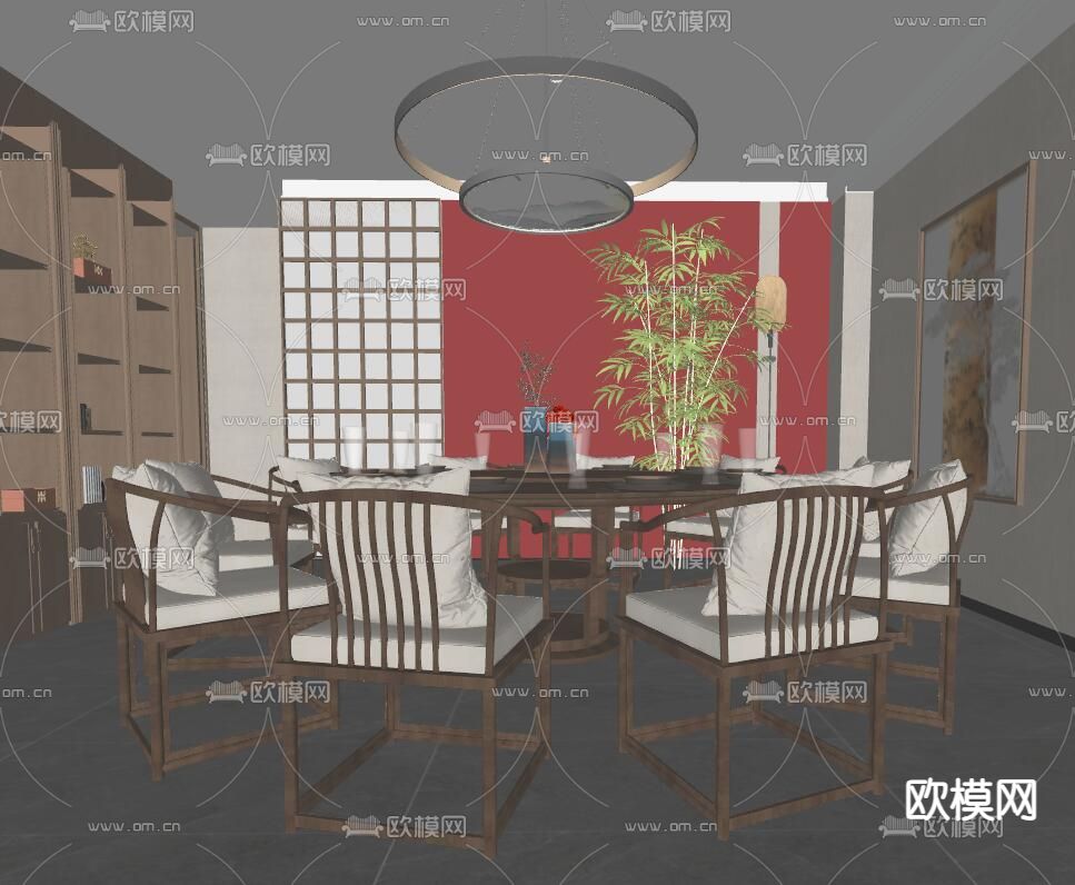 新中式餐厅包厢su模型下载（渲染图2）