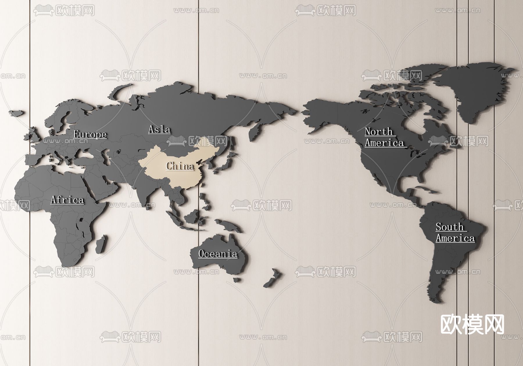 现代世界地图墙饰挂件su模型下载（渲染图1）