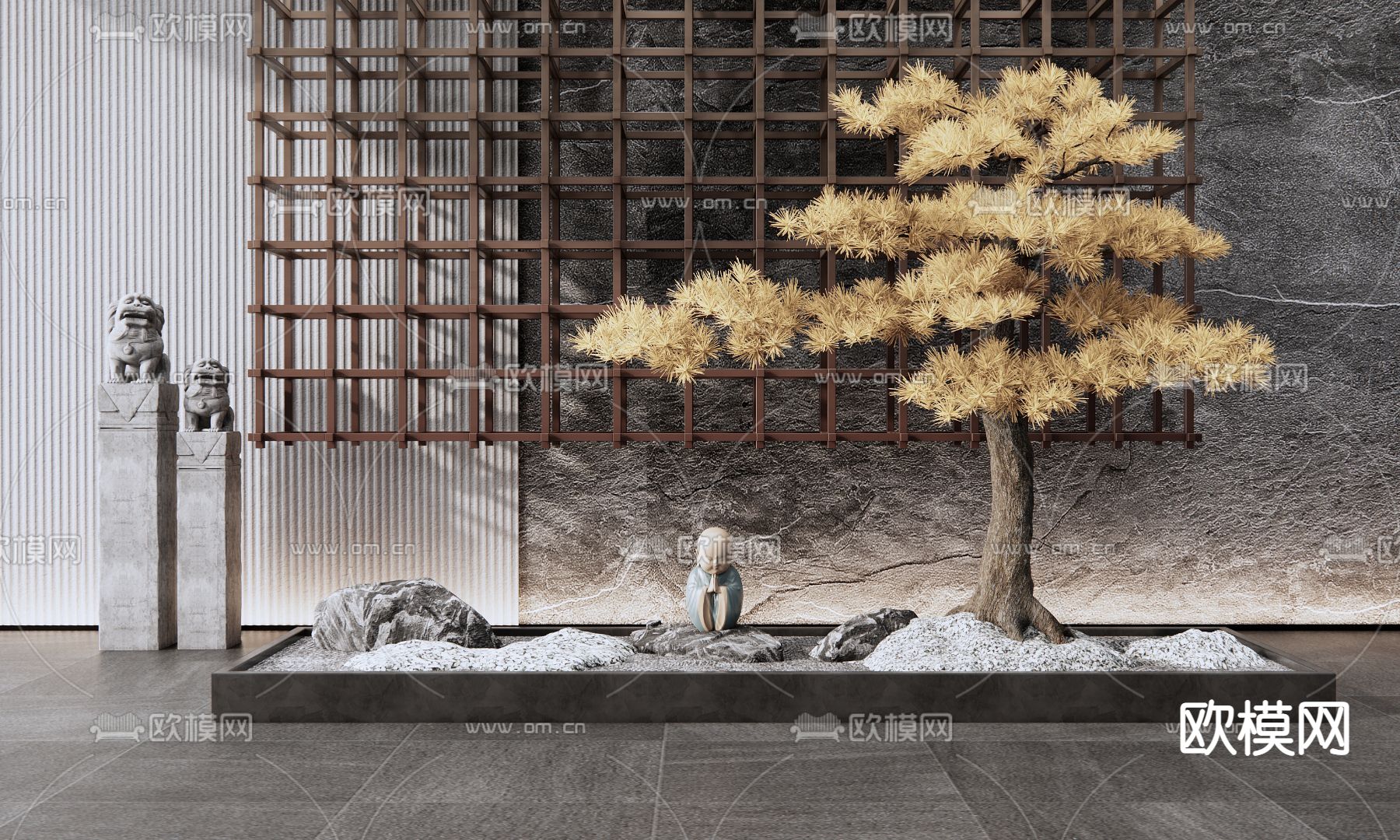 新中式松树景观造景3d模型下载_ID12218930_3dmax免费模型-欧模网