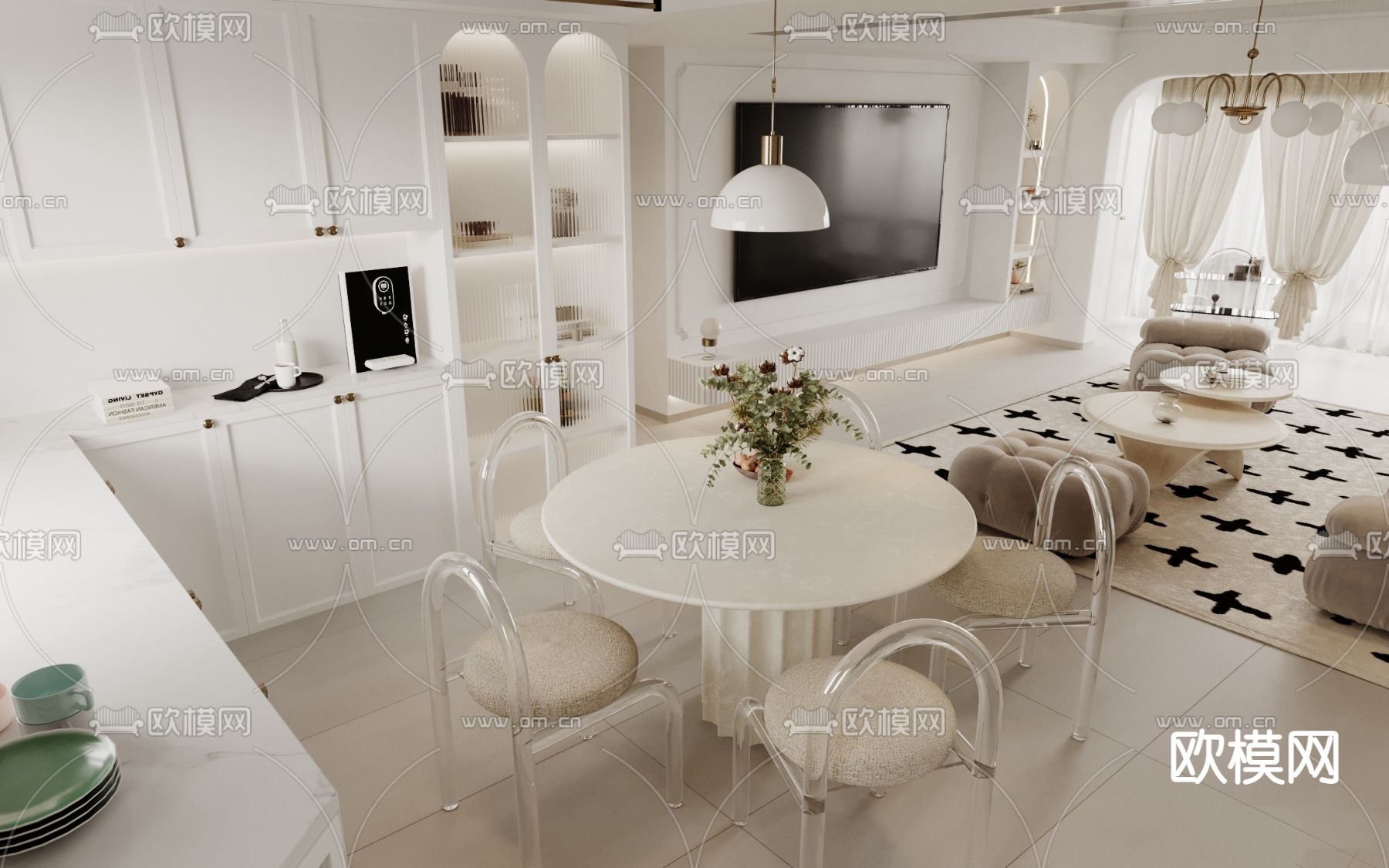 法式客厅 餐厅3d模型下载（渲染图5）