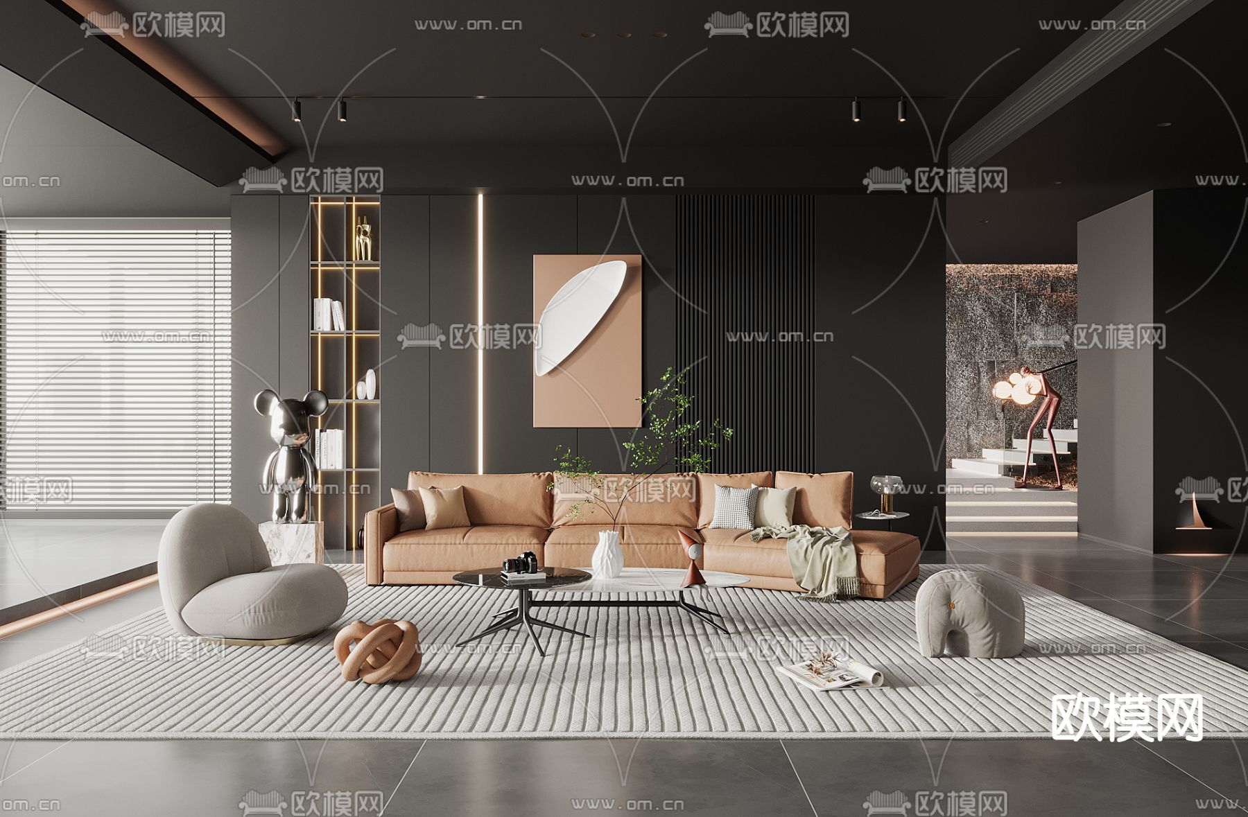 暗黑风客厅3d模型下载