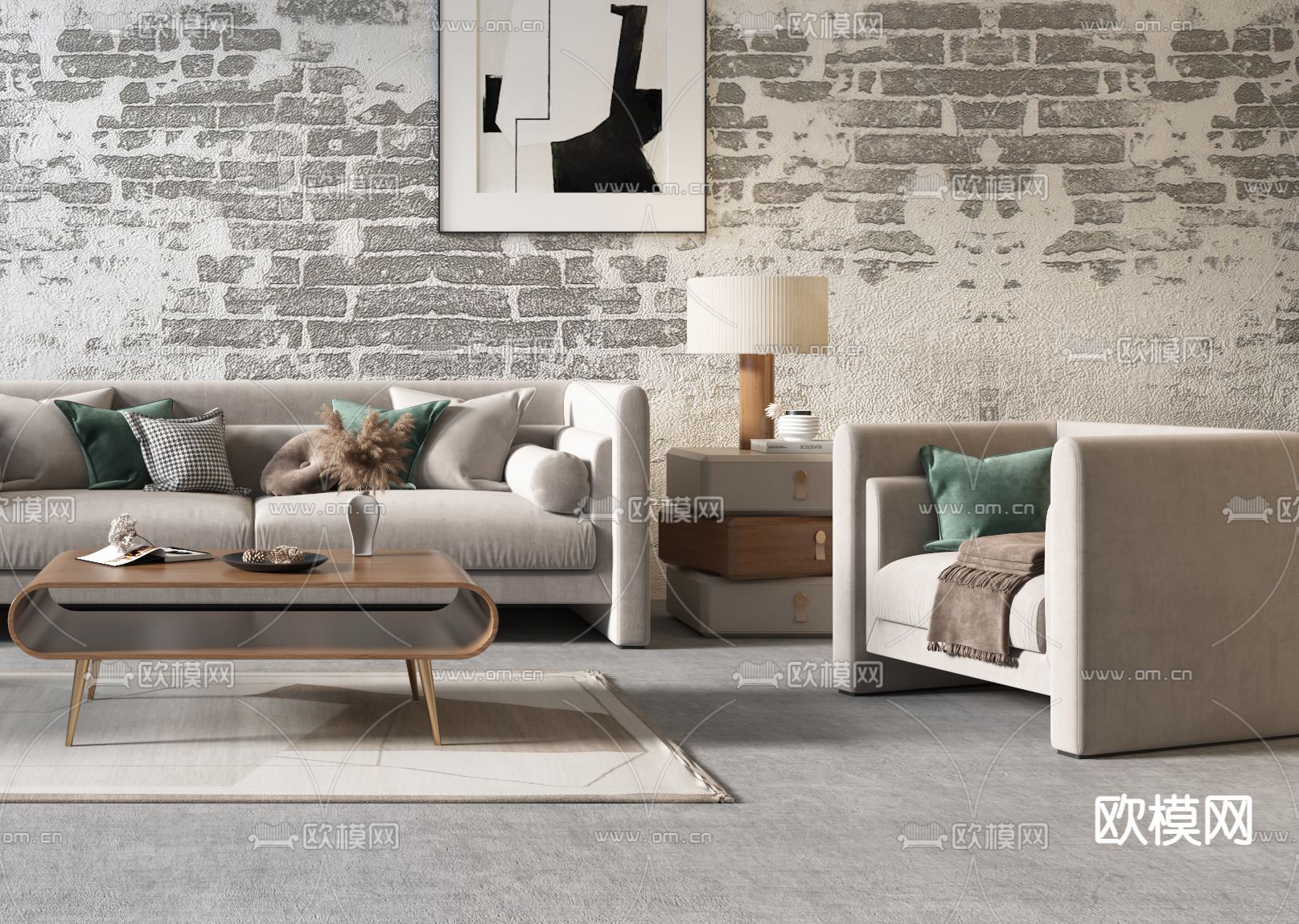 北欧布艺沙发组合3d模型下载（渲染图2）