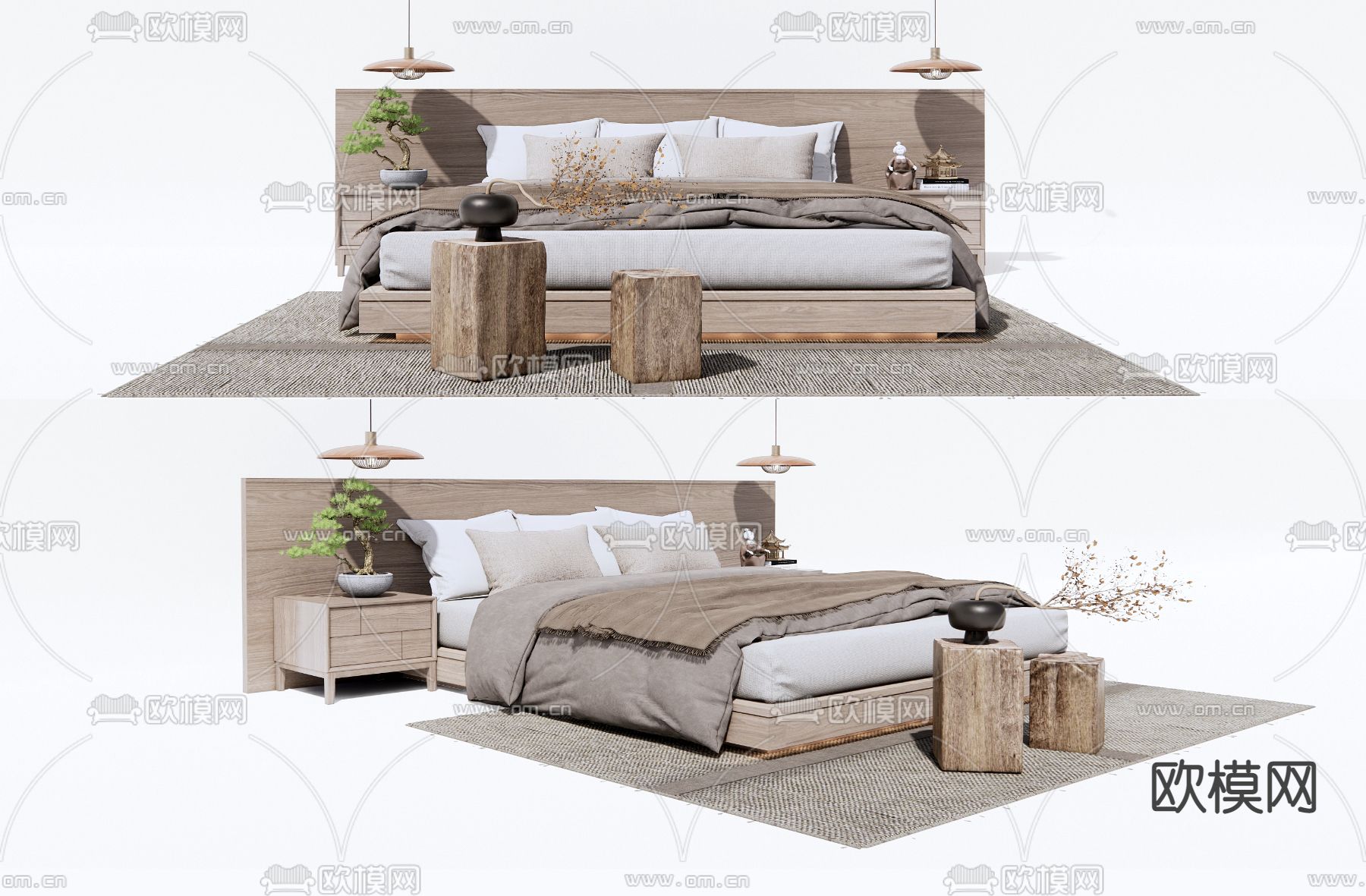 日式原木双人床3d模型下载