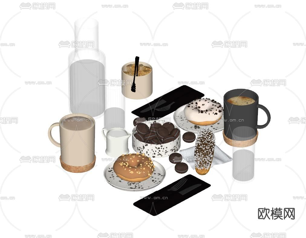 现代甜品 咖啡 马卡龙su模型下载（渲染图2）